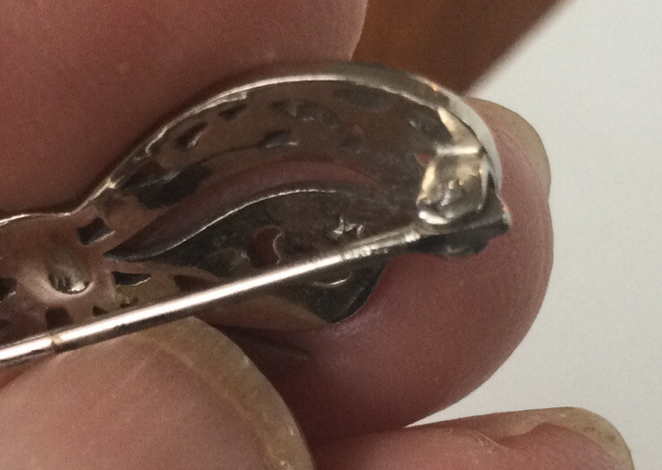 Silver Lace Pin Marked W/Star C Clasp Safety Lock Open Work Bow