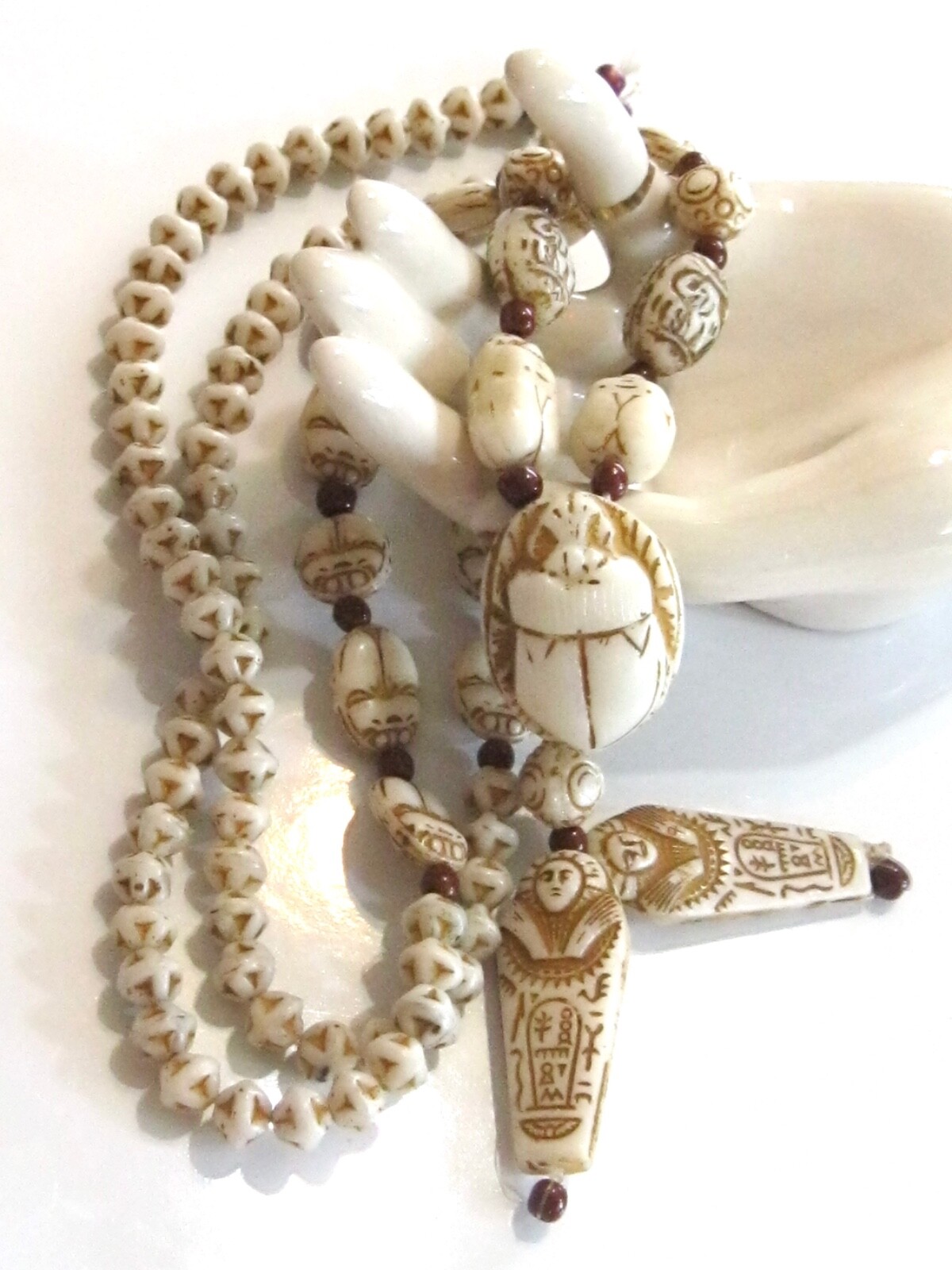ANTIQUE NEIGER BROTHERS 1920s EGYPTIAN ART DECO URANIUM GLASS BEADED NECKLACE