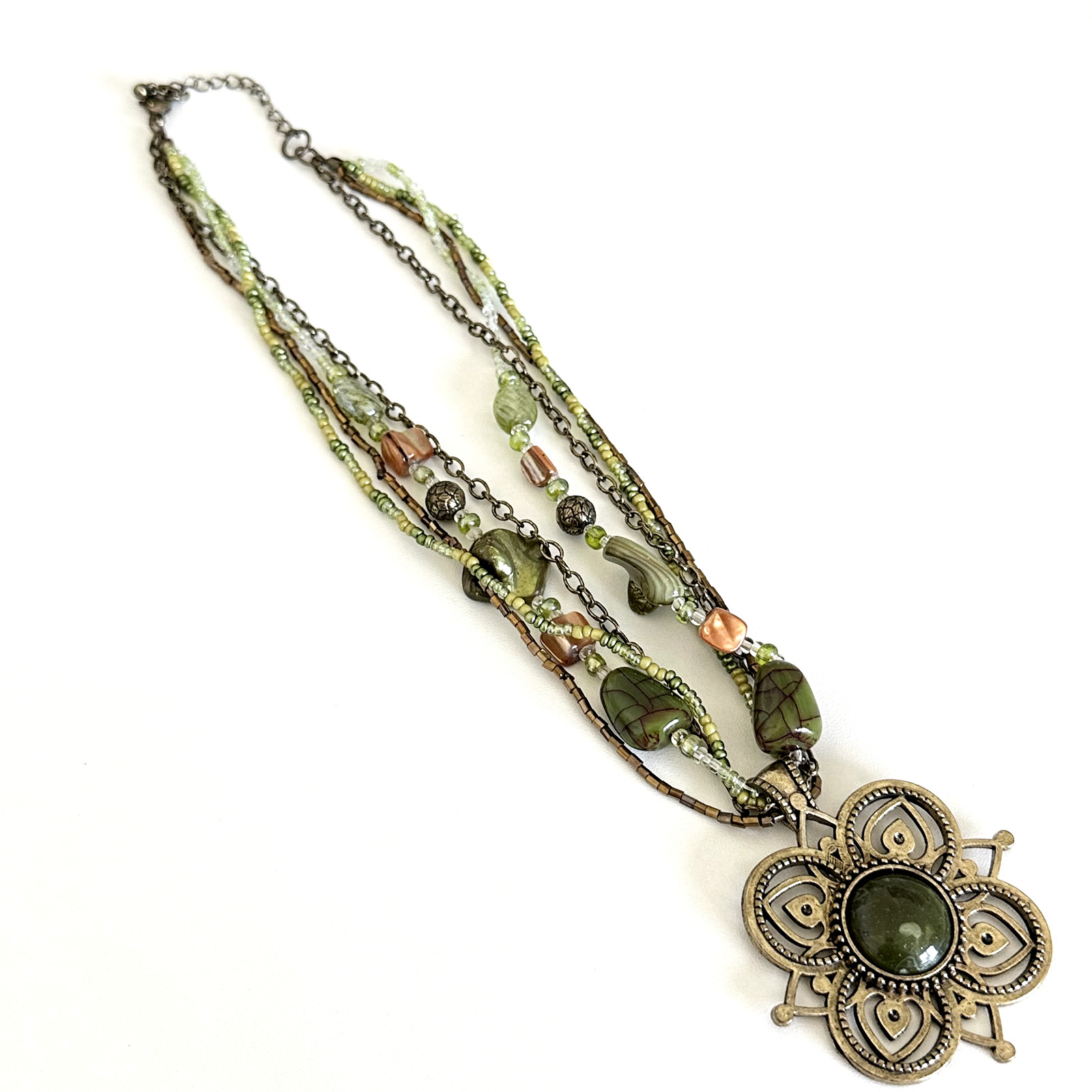 Ladies Green Mother Of Pearl Multicolor Glass Multi Strand Flower Necklace 19″