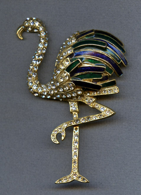 Flamingo Brooch Gilt Metal + Rhinestones + Enamel Approximately 2-5/8″ x 3¾”