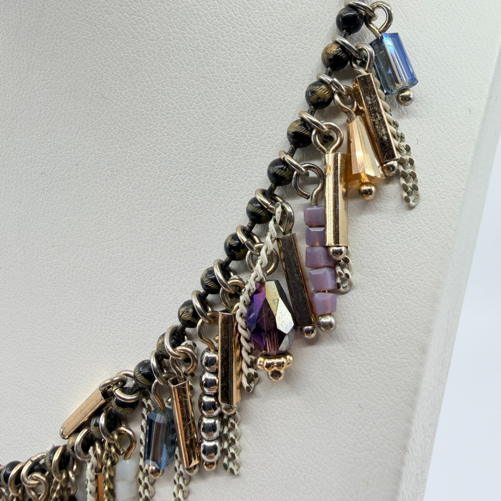 Vintage Boho Multi Strand Fringe Statement Necklace Beaded Chain Bib Mixed Metal