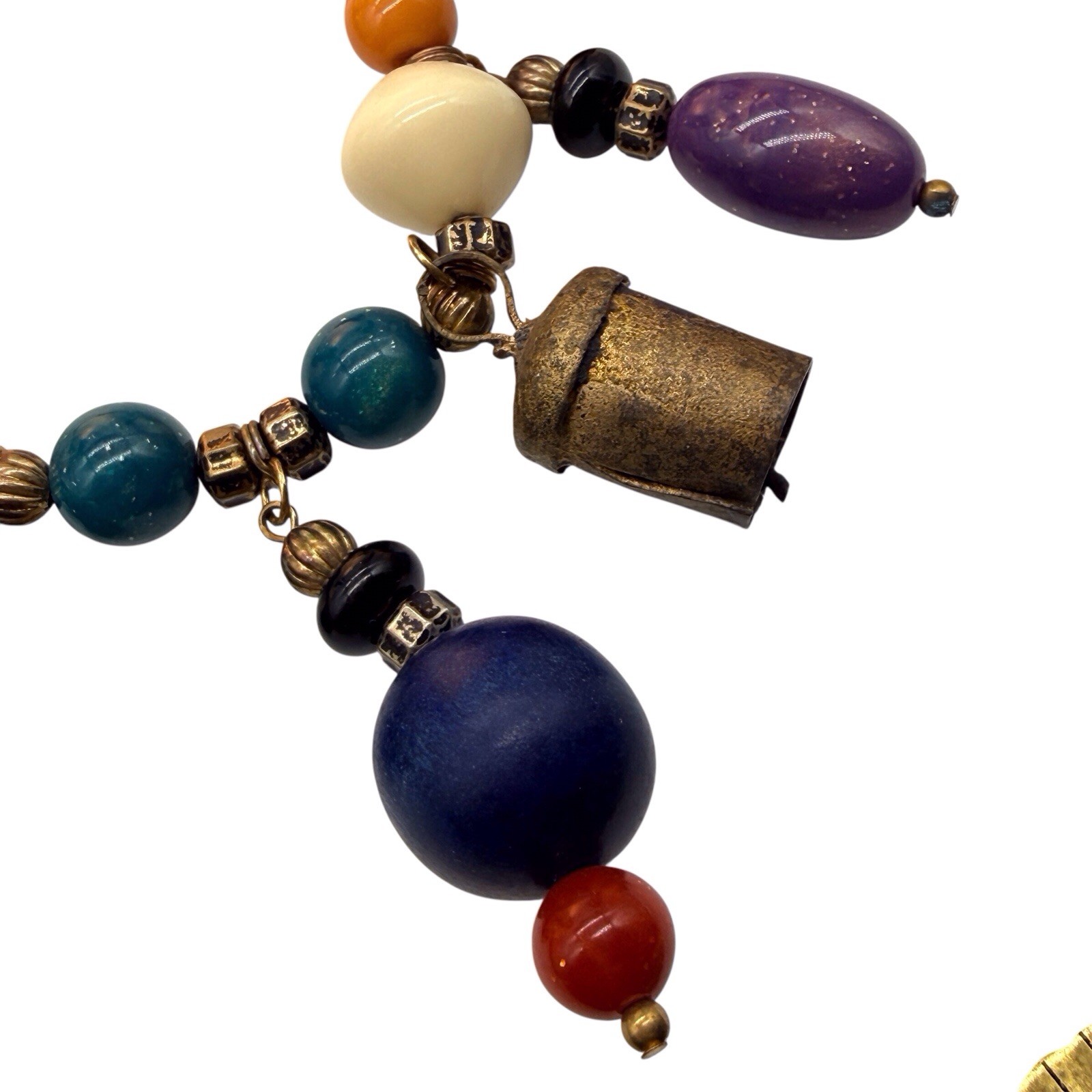 Vintage Carole Dauplaise Necklace BOHO Tibetan Prayer Bells Wood Ceramic Bead B3