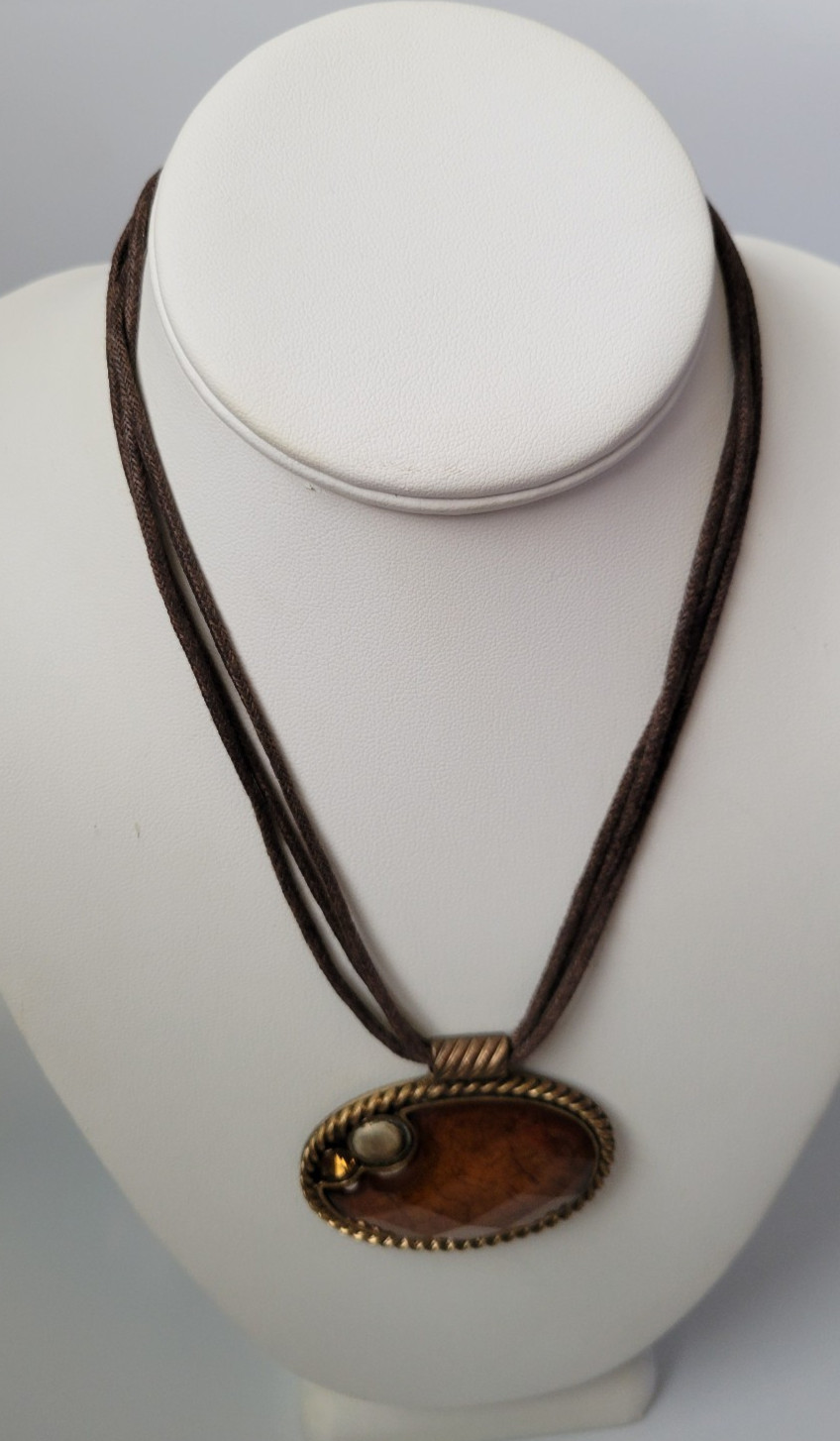 VTG Y2K 2000s Brown/Orange Cord Boho Hippie Adjustable Oval Pendant Necklace