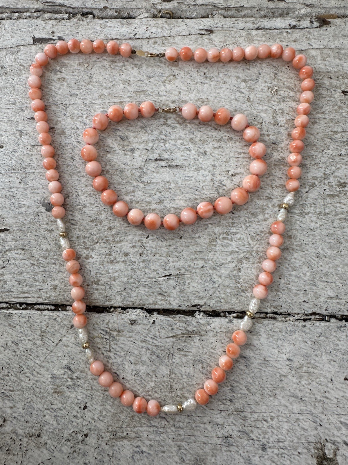 Vintage Genuine Angel Skin Coral Pearl And 14k Bead Necklace With Bracelet