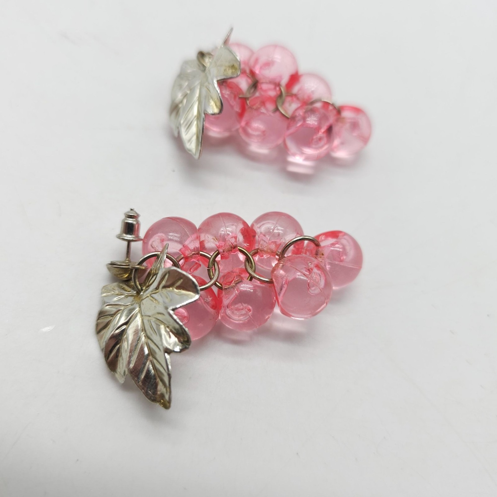 Vintage Silver Tone Grape Cluster Earrings With Pink Acrylic Beads