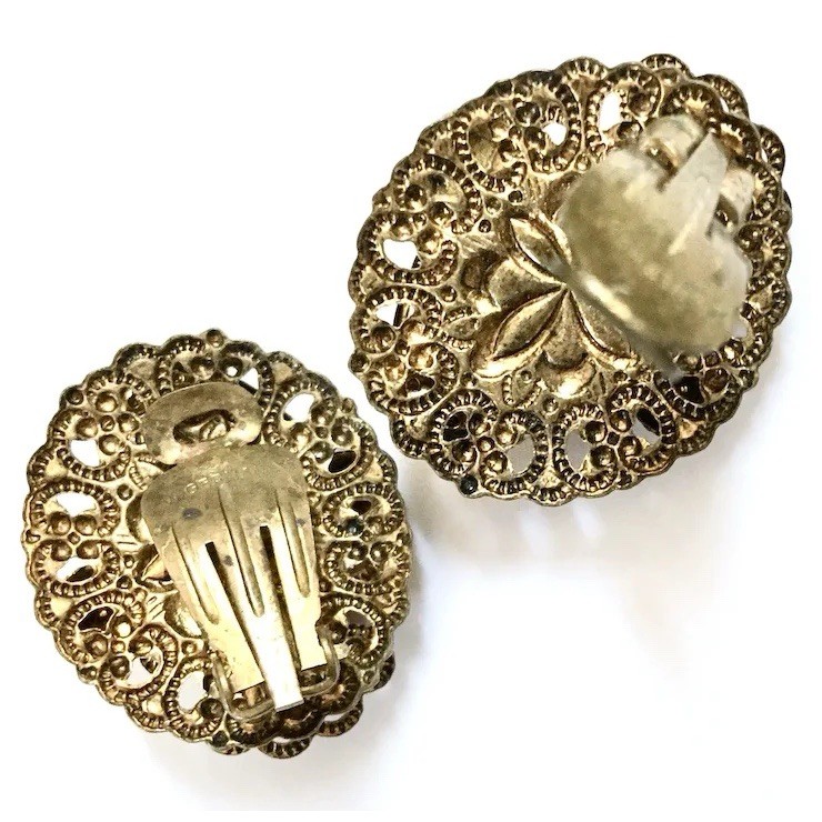 Western Germany Filigree Clip-On Earrings Brass Fuchsia Red AB Rhinestones