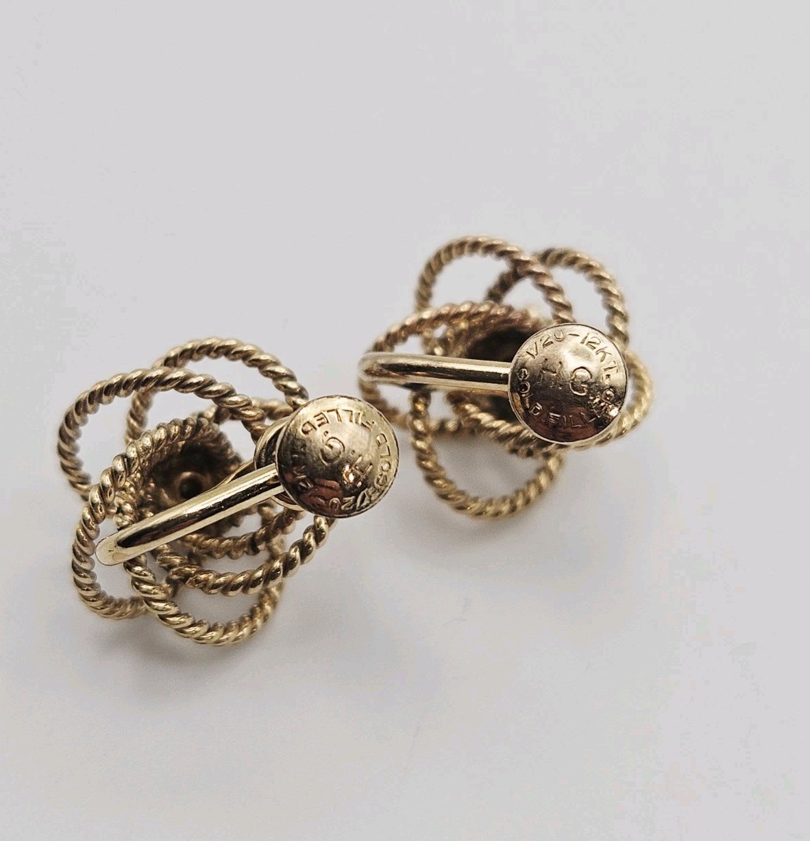 Henry Griffith 12k Gold Filled Antique Green Rhinestone Knot Screw Back Earrings