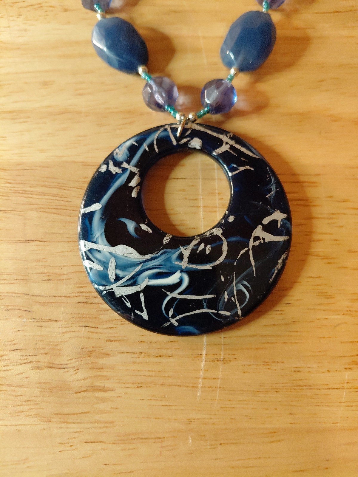 Blue Acrylic & Glass Bead Pendant Necklace – Handbeaded – 15″