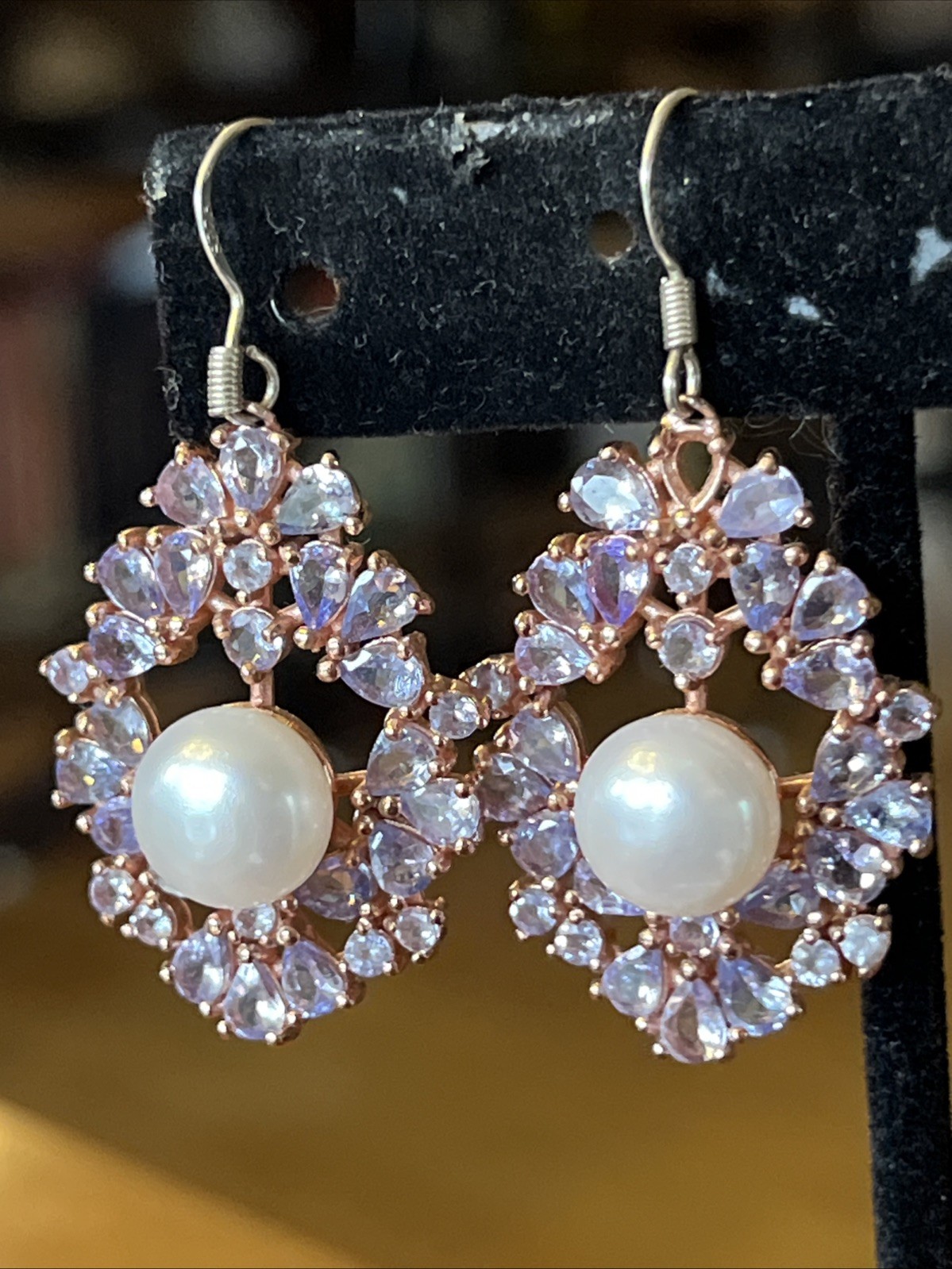 Vintage Tanzanite Real Pearl Dangle Drop Earrings 925 Wire Pierced 1.75” Classic