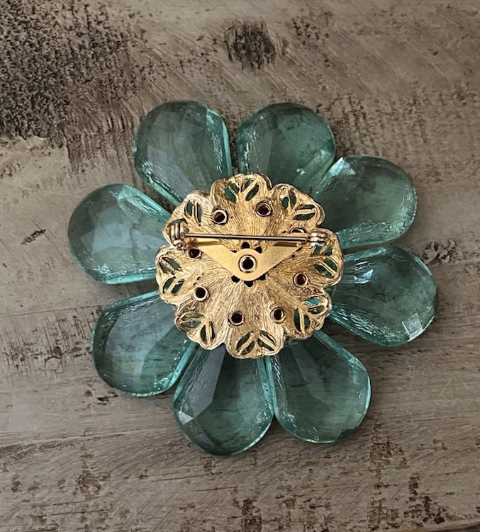 Vintage Mid Century Jumbo Lucite AB Blue Green Aqua Crystal Flower 3” Brooch