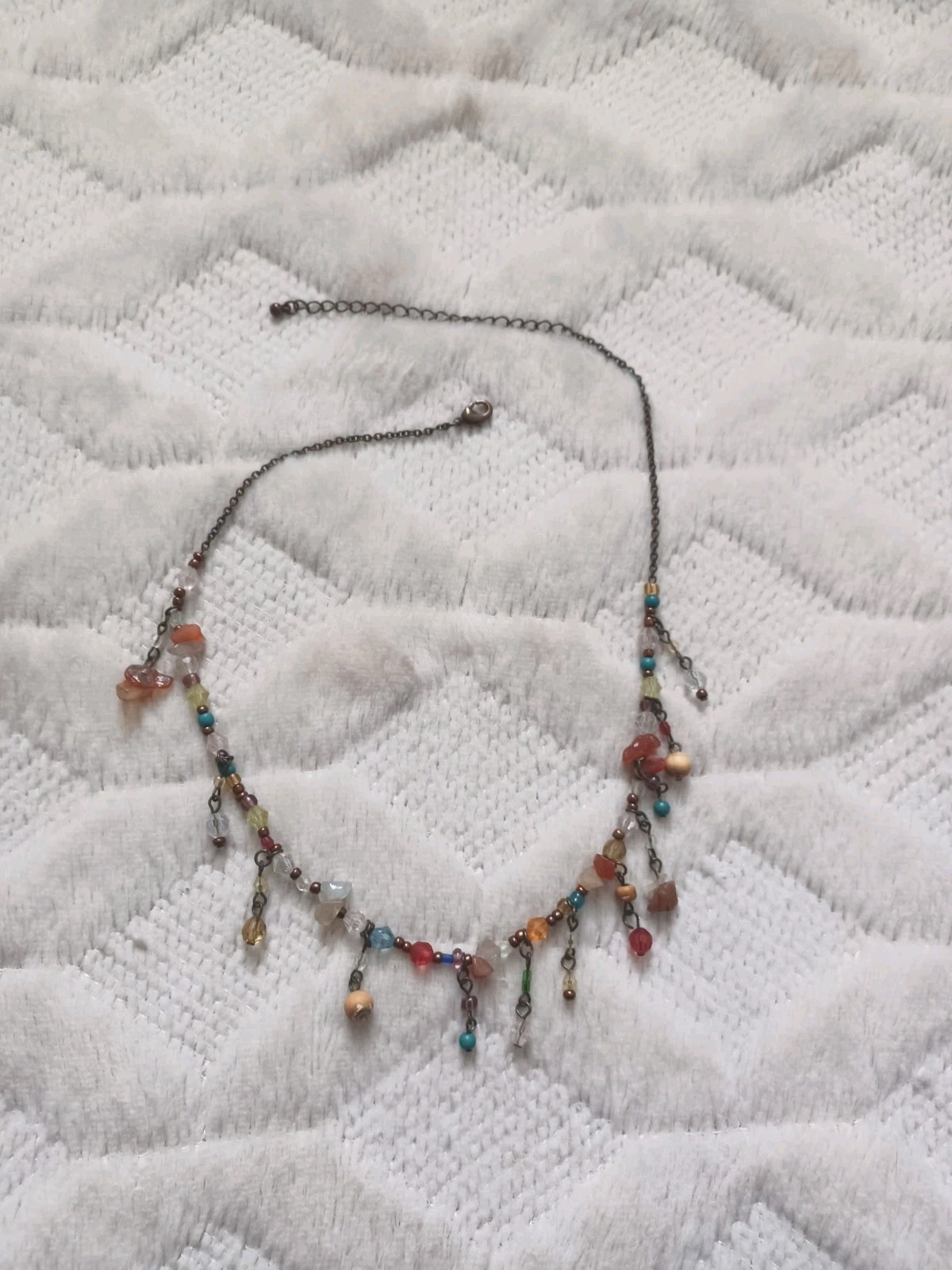 Vintage Y2K Early 2000’s Multicolor Beaded Fringe Bronze Tone Chain Necklace