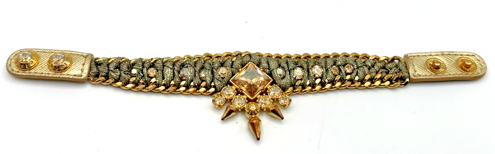Henri Bendel Champagne Crystal Rhinestone Leather Gold Tone 3 D Snap Bracelet