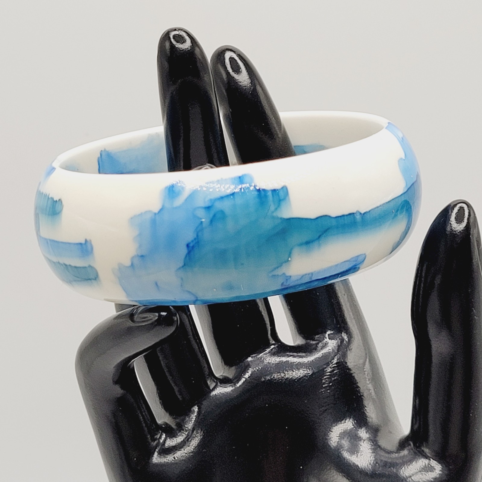 Marbled Watercolor Ink Blot Design Blue White Acrylic Chunky Bangle Bracelet