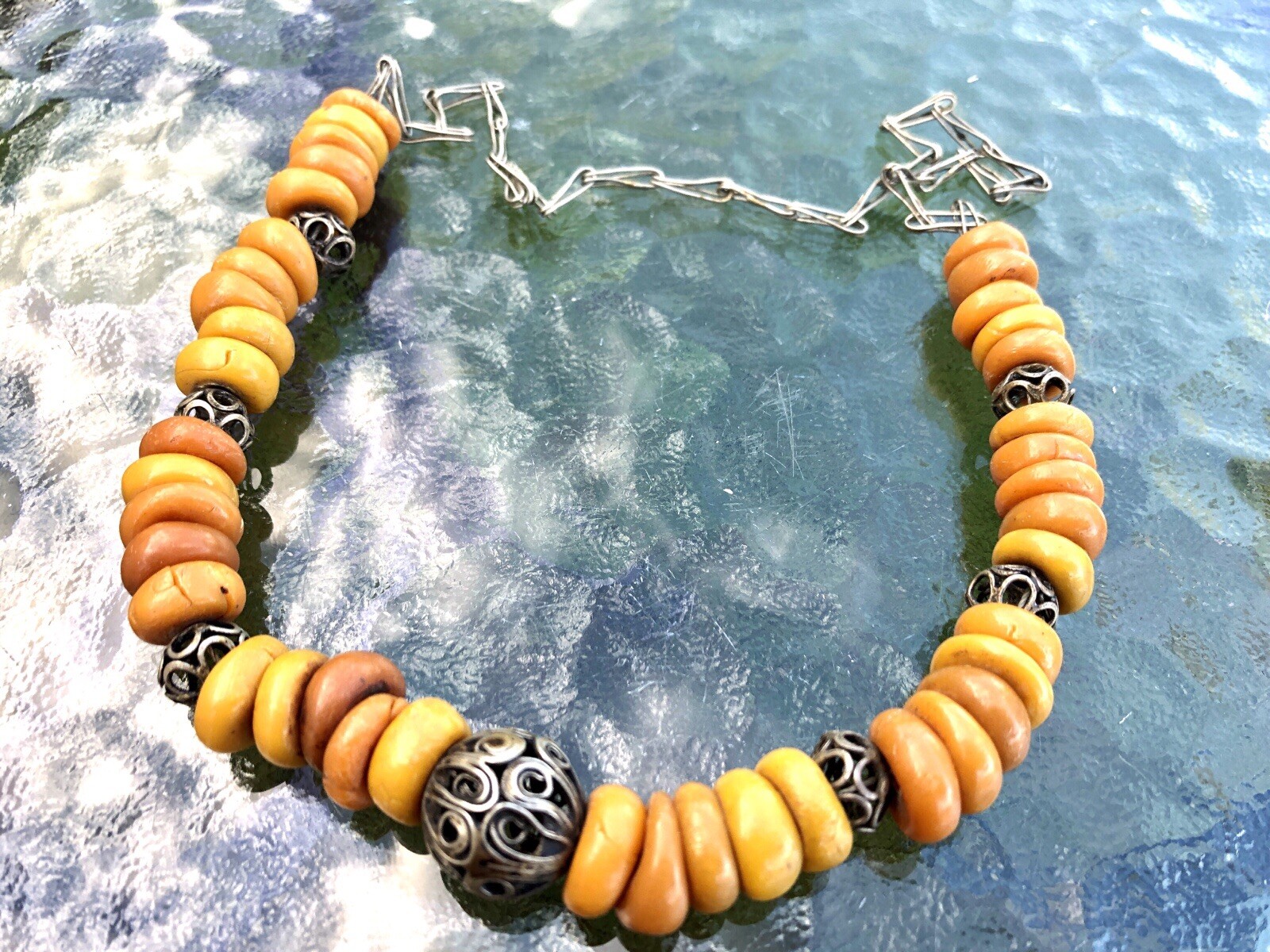 Antique Ethnic Butterscotch Egg Yolk Flat Nugget Scroll Bead Necklace Morocco