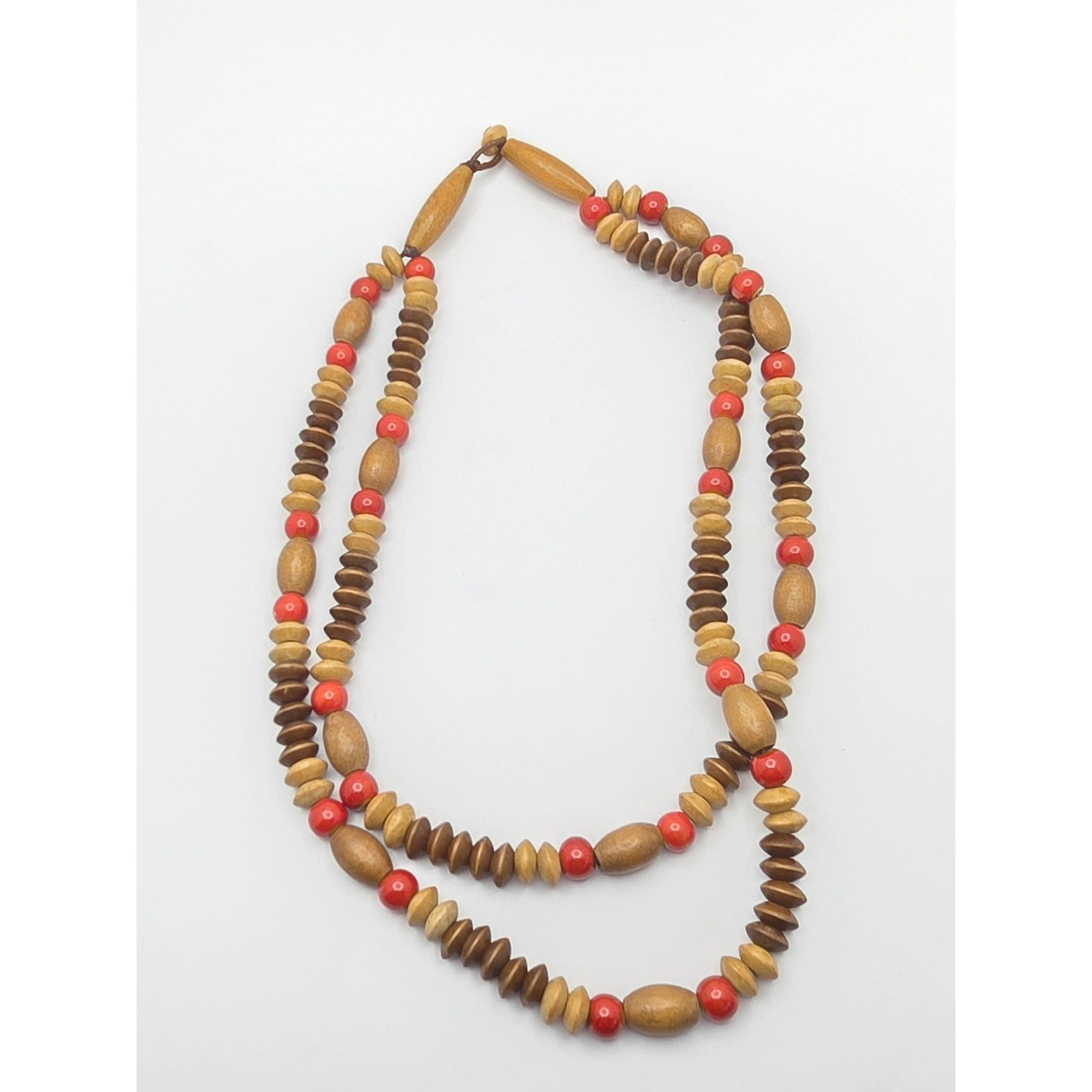 Vintage Multi-Strand Wood & Ceramic Bead Statement Necklace – 20” Boho