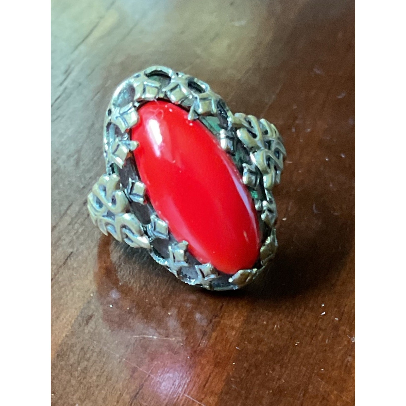 Vintage Red Coral Filigree Gold Tone Ring Size 7