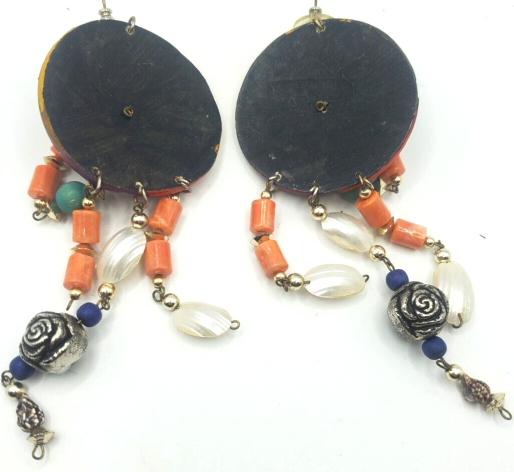 Vintage Pierced Earrings Wood an Copper tone Multi Beads One White Missing