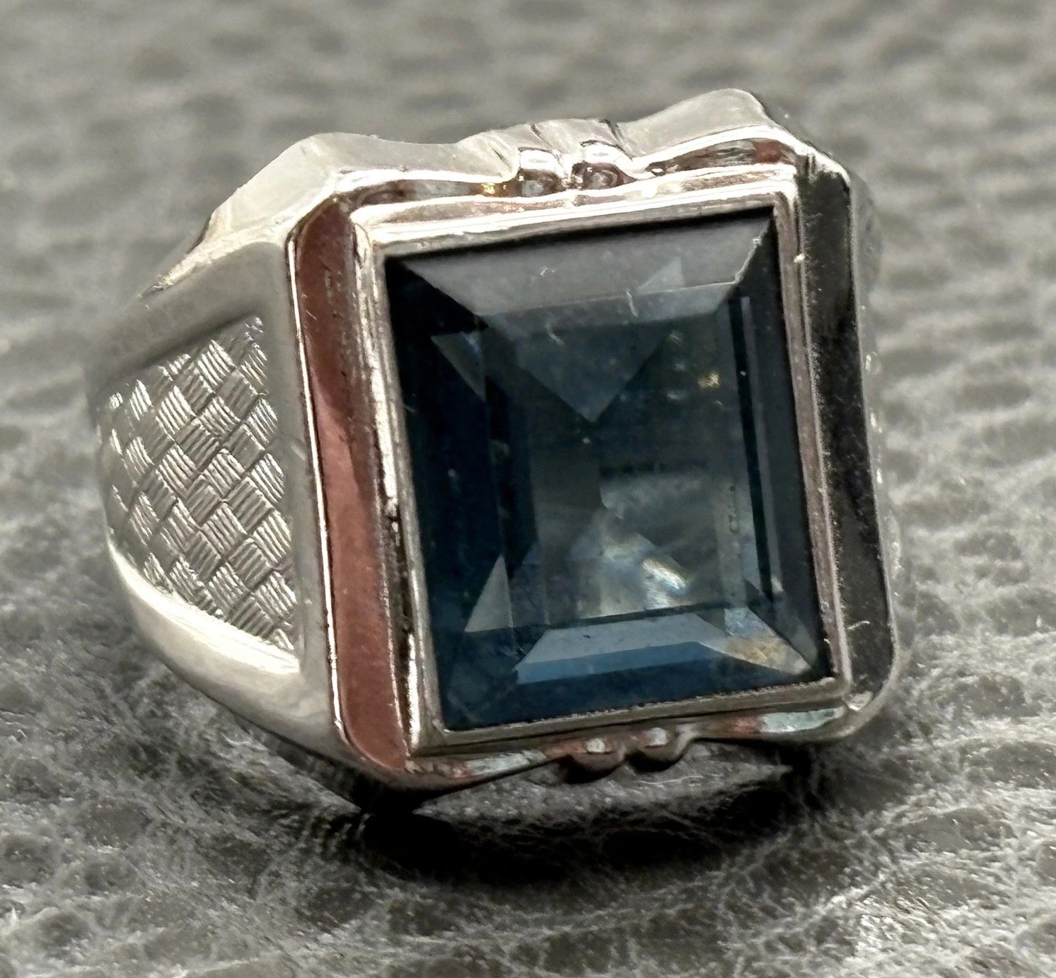 Huge Vargas VTG 18K HGE White Gold Plated Faux Blue Topaz Signet Ring Sz 8