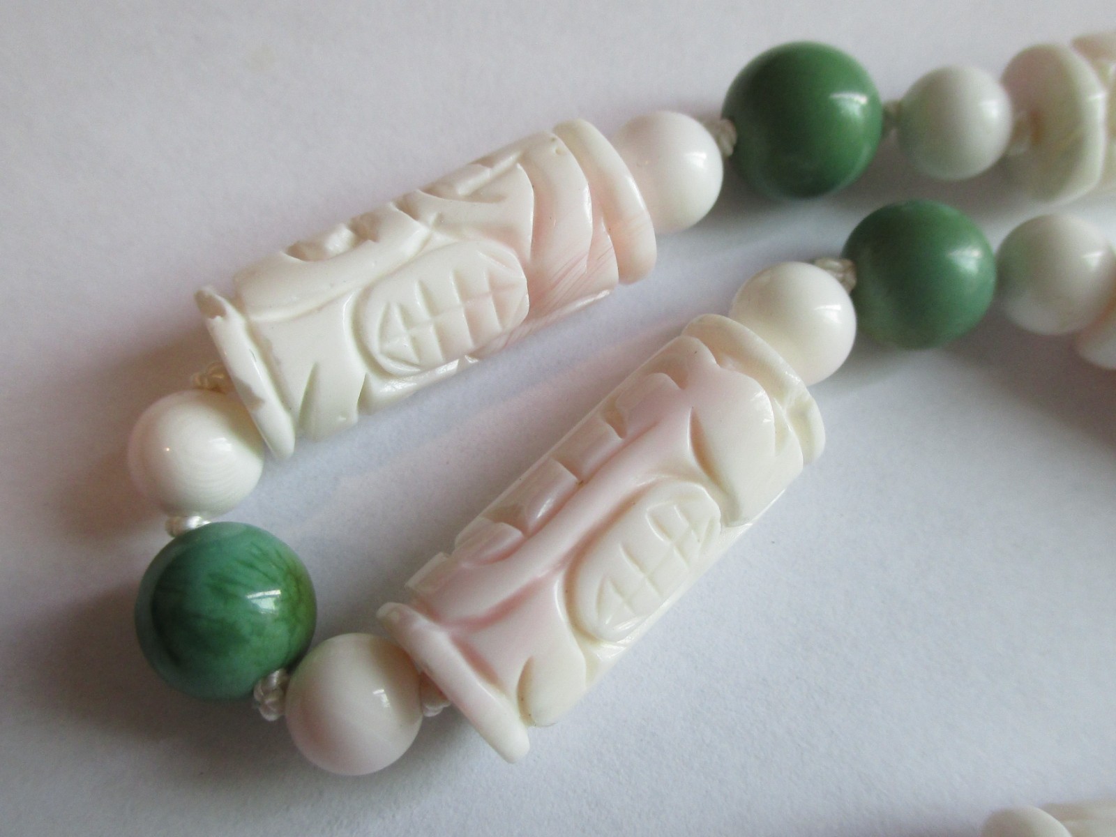 VINTAGE CARVED SHOU BARREL CONCH SHELL CORAL TURQUOISE BEAD NECKLACE STERLING