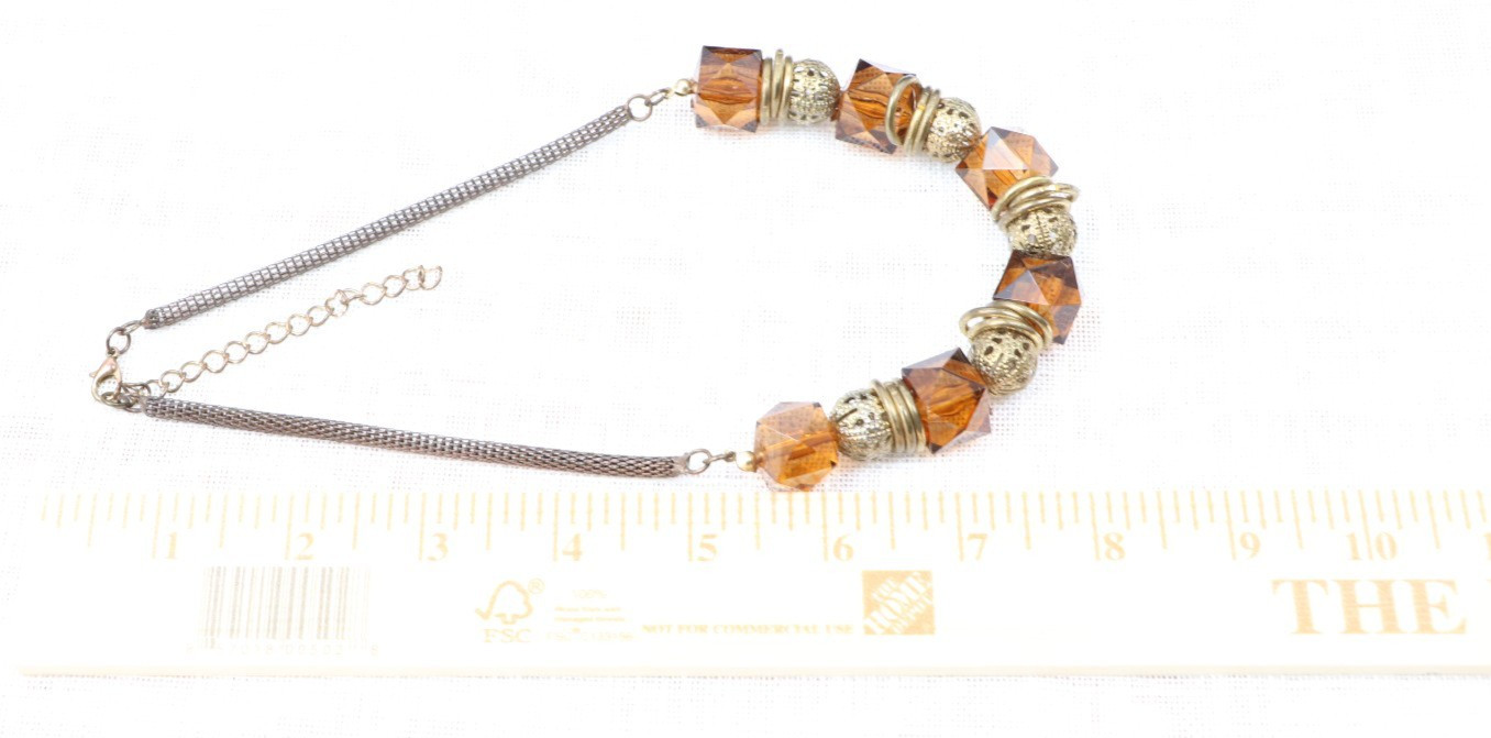 Vintage 80s Amber Lucite & Gold Filigree Beaded Statement Necklace Mesh Chain