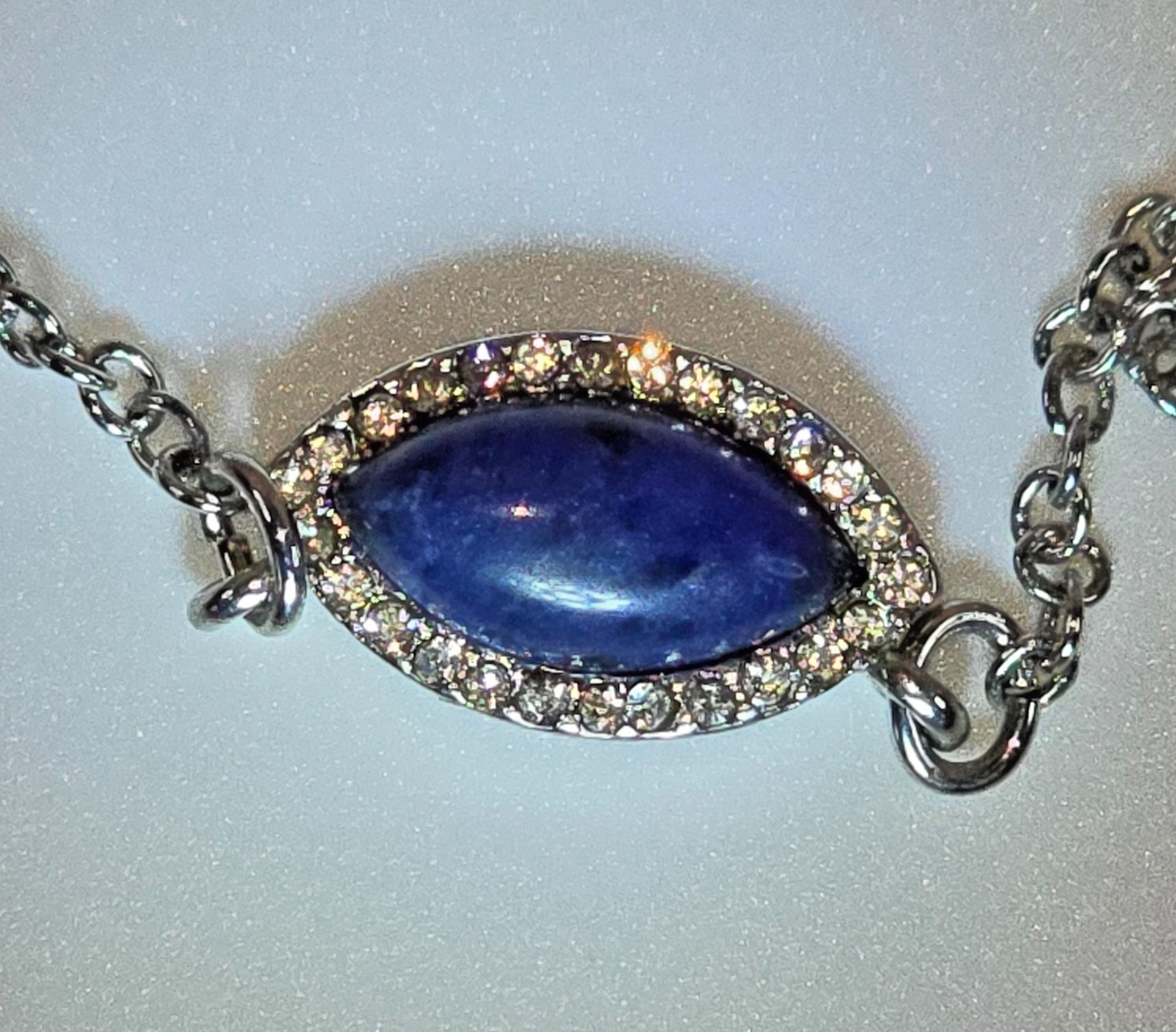 Vntg Blue Iolite Marquise Cabochon Necklace Silver Tone Pavé Rhinestone 18 In