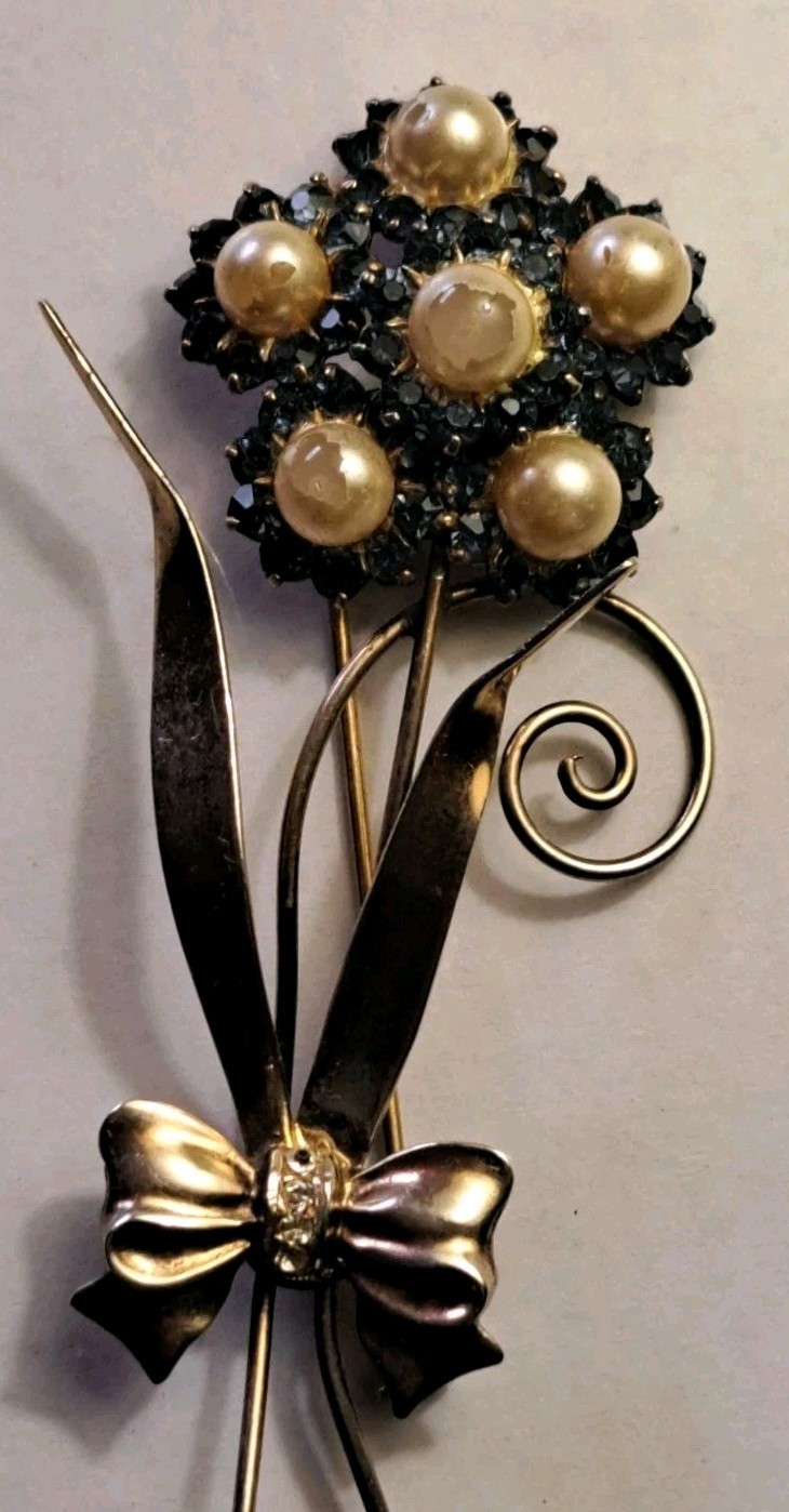 1950s 925 Sterling Silver Vermeil Blue Rhinestone Faux Pearl Brooch 3.5” 17gr