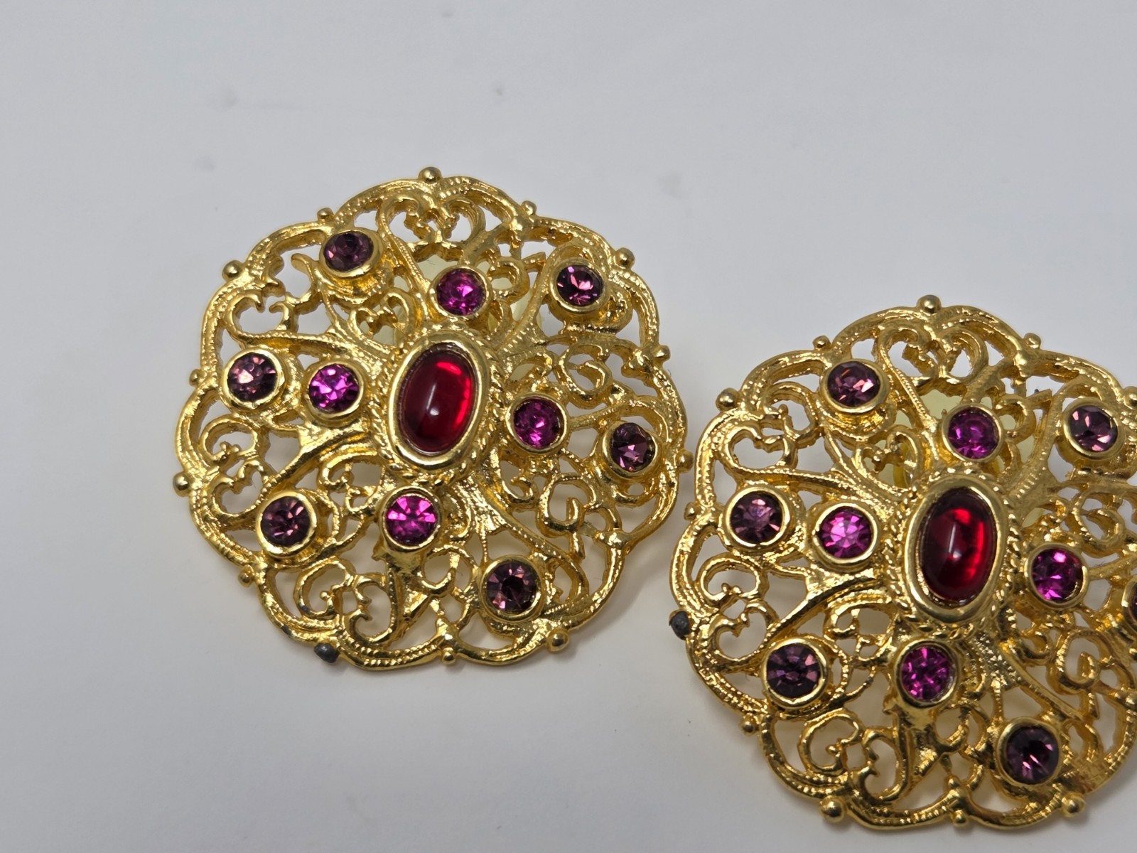 Gold Tone Filigree Earrings w/ Red Cabochons & Purple Pink Rhinestones Vintage