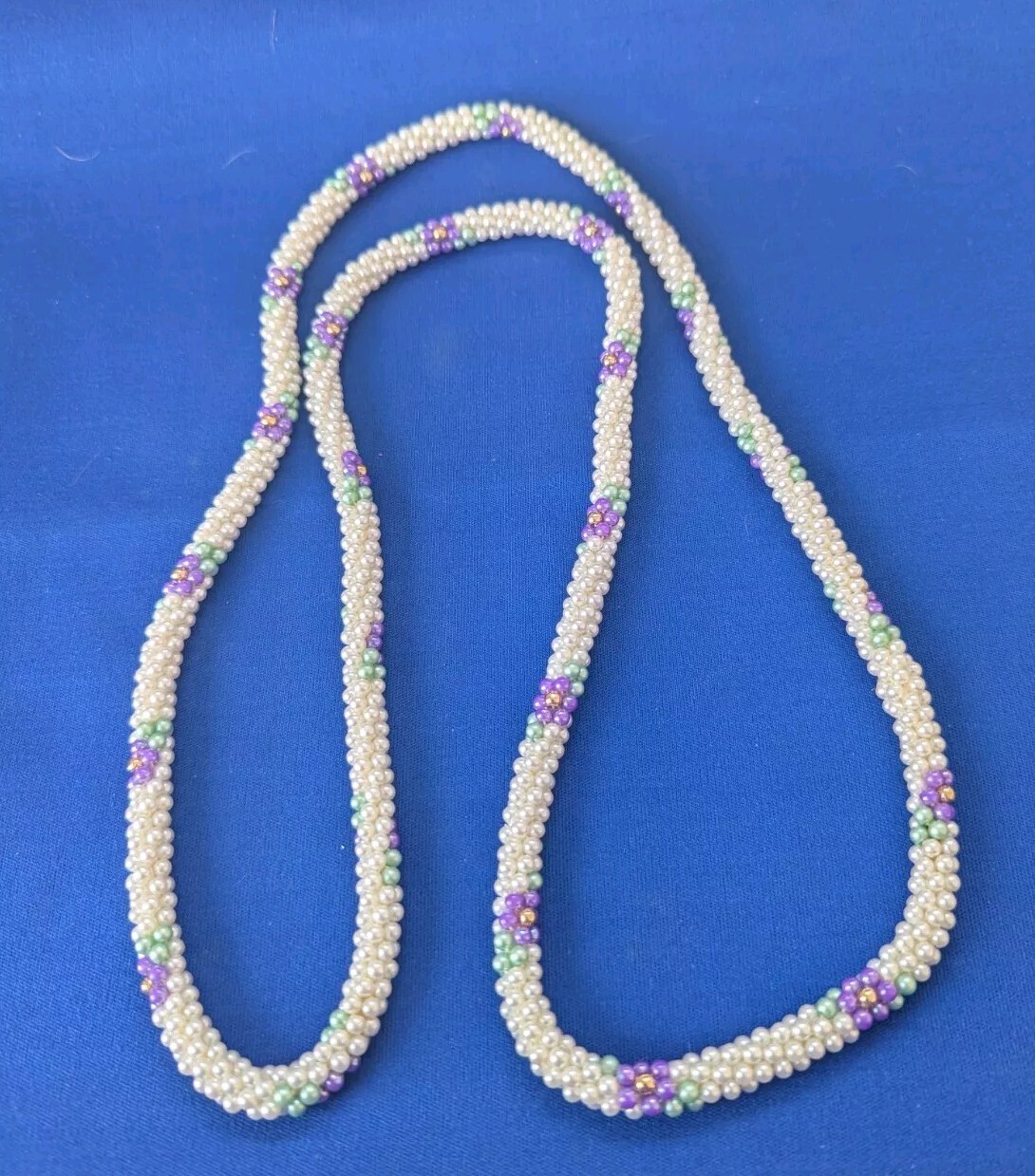 Beaded Rope Necklace White with Purple Flowers & Green Leaves 18″ Vintage Estate