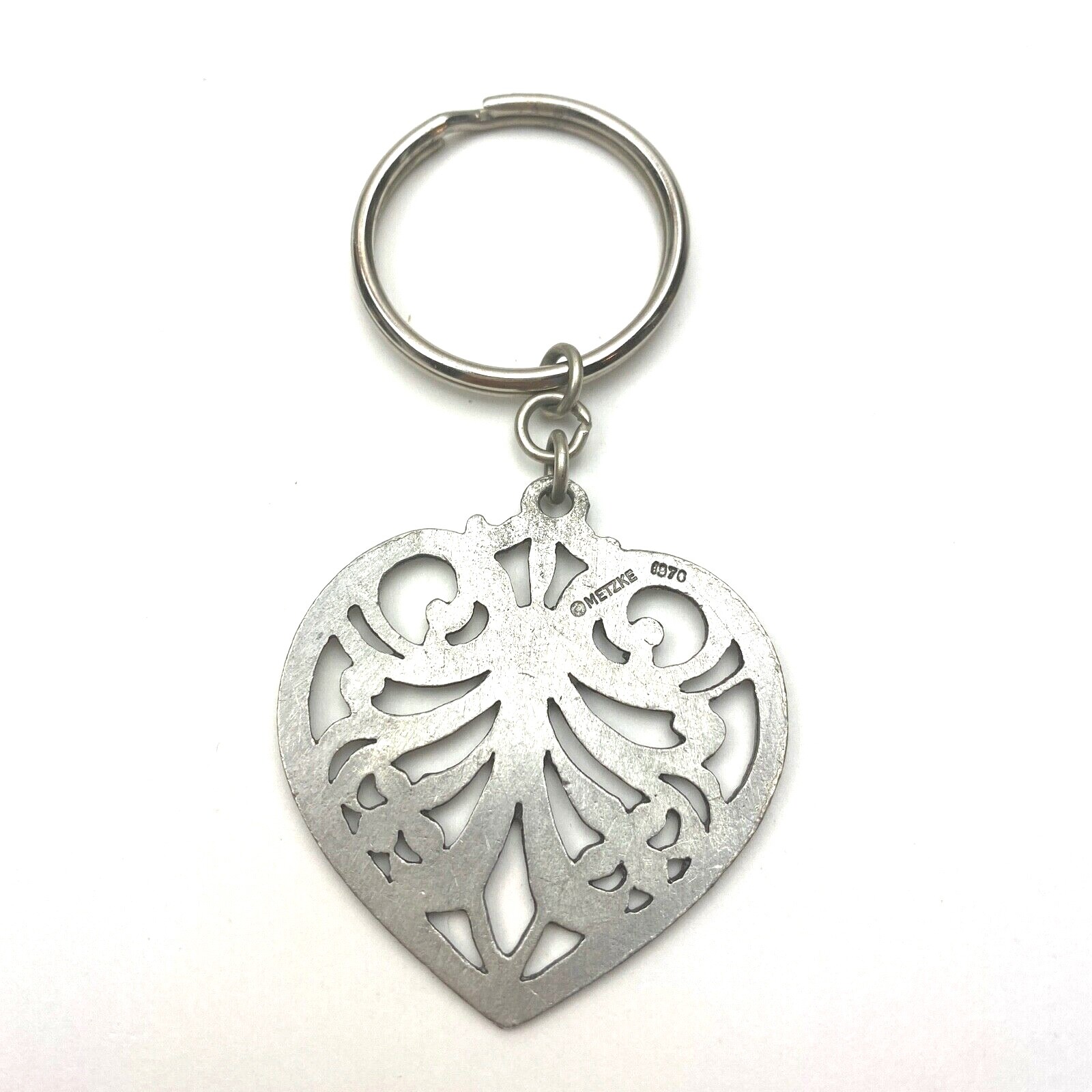 Vintage Pendant Heart or Key Ring 70’s Metzke Carved Out Skandia Pewter Metal