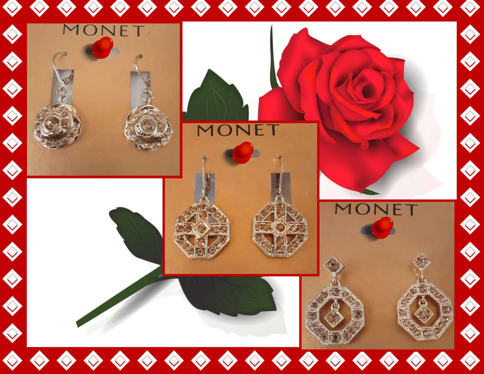 Lot of 3 Monet Earrings Gold-tone & champagne rhinestones (leverback & post)