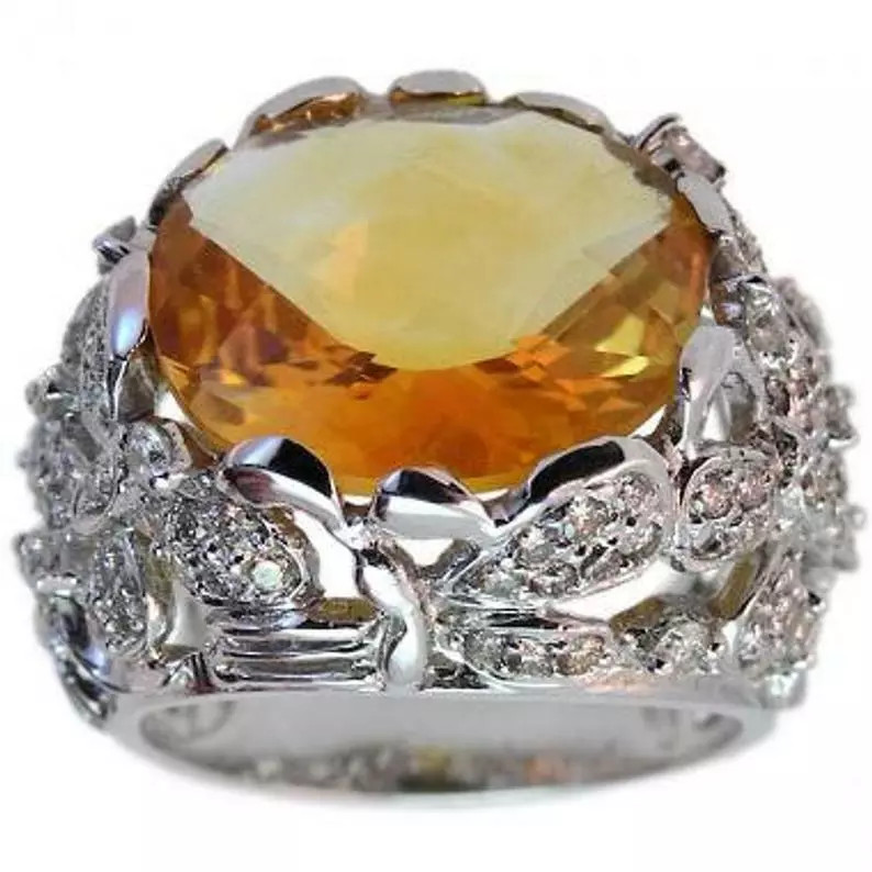 Large Honey Yellow 9.64ct Citrine With Flower Design White CZ Women’s Fine Ring