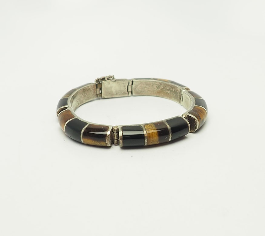 Vintage modern sterling silver tiger eye onyx gemstones inlaid bracelet Mexico