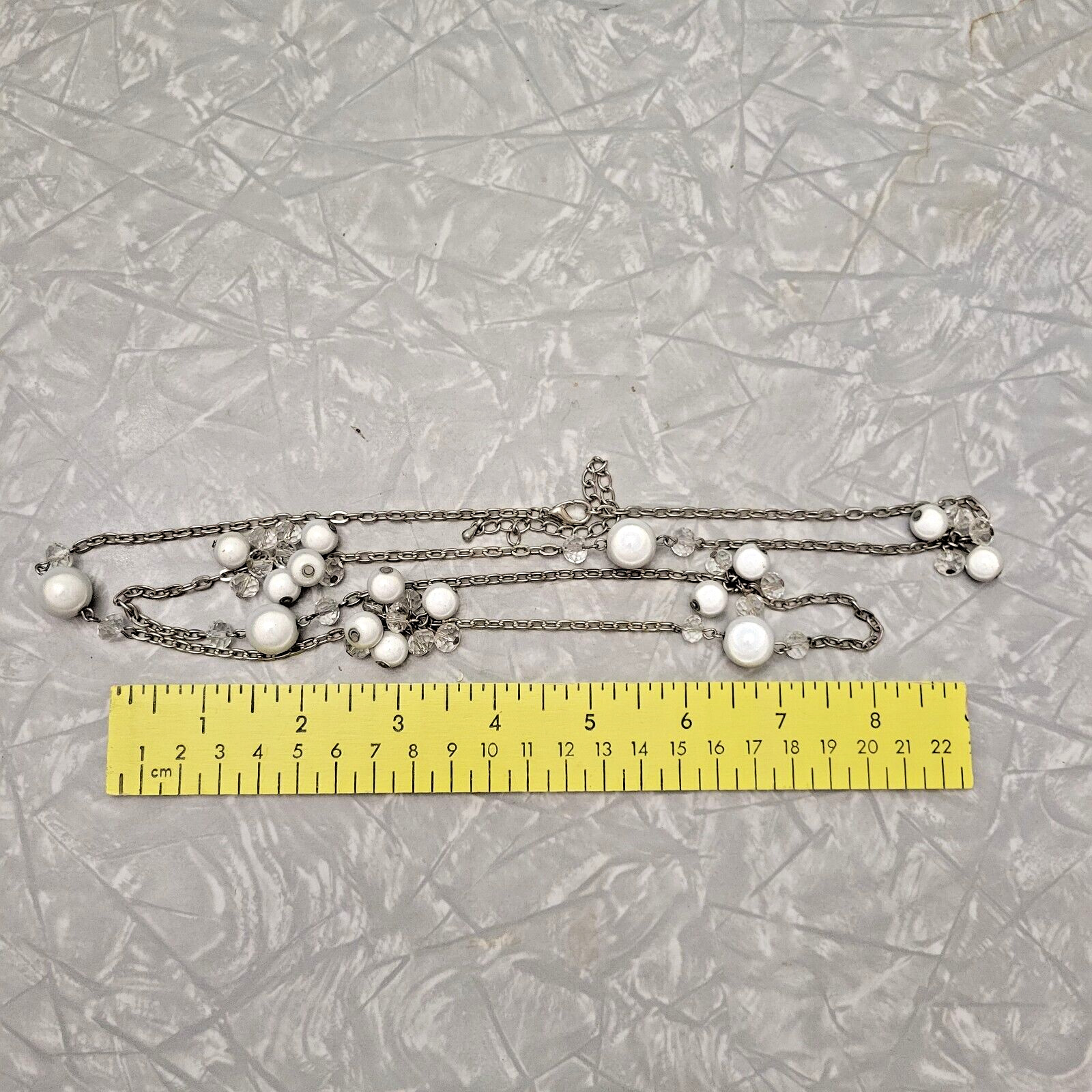 Vintage Estate Silver Tone Faux Pearl Charm Station Statement Necklace ~ 41″
