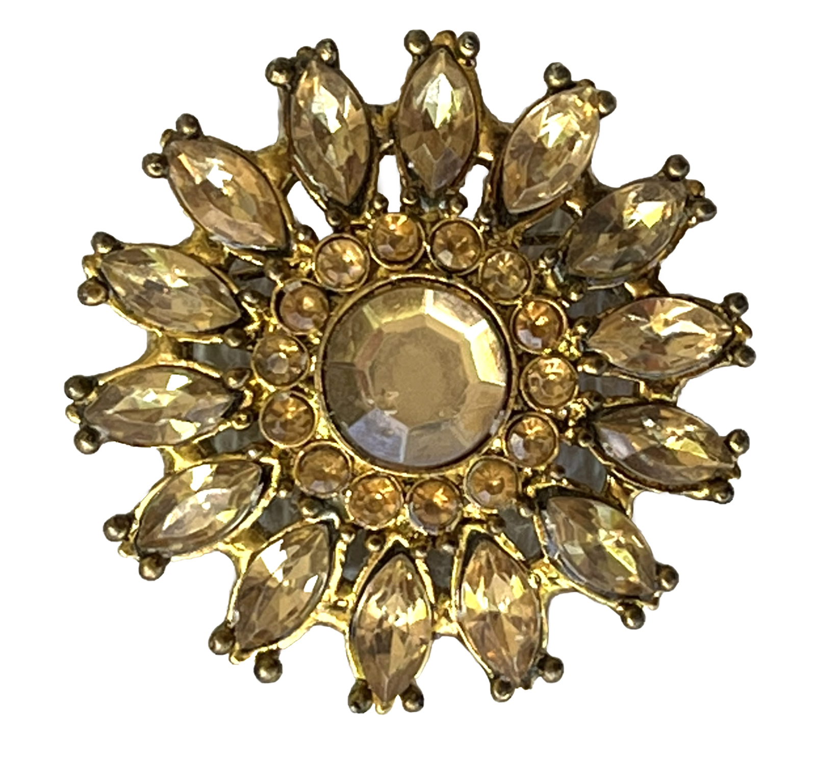 Yellow Bead Brooch Pin Faceted Acrylic Gem Flower Gold-brass Toned Backing