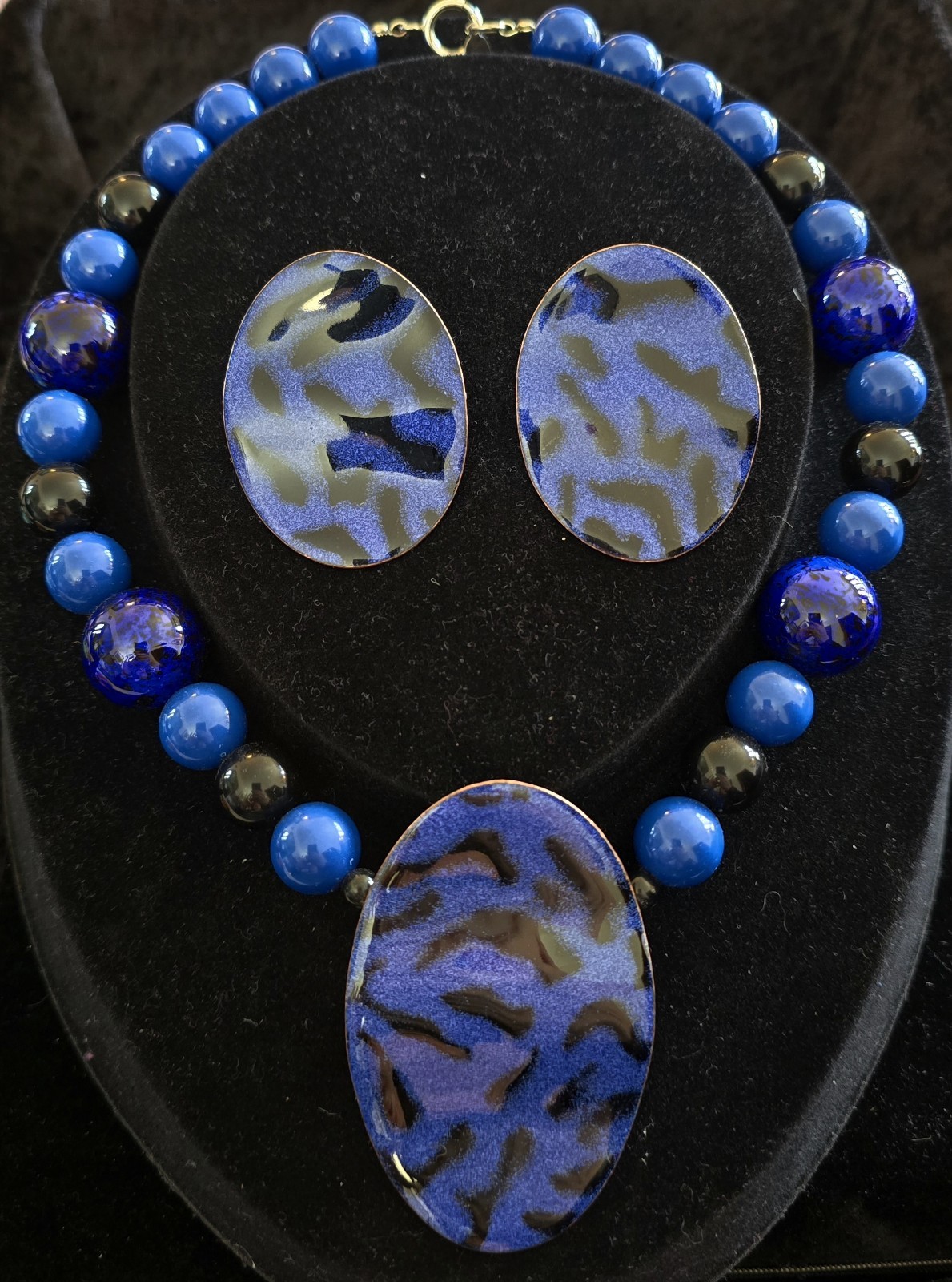 Vtg 80s Park Lane “Niagara” 18″ Blue~Violet Tigerstrip Necklace & Earrings Set