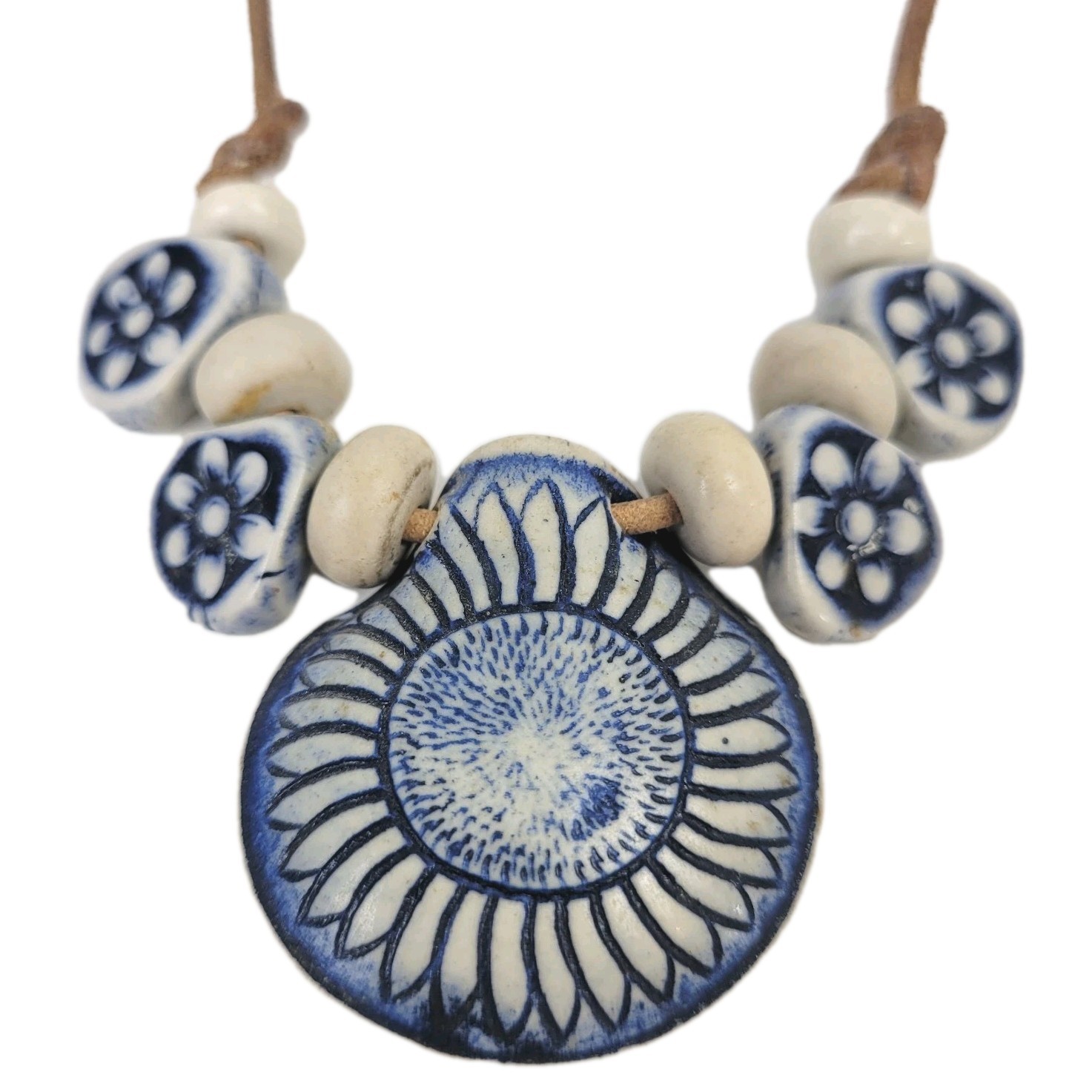 Vtg Artisan Bohemian Pottery Pendant~Choker Necklace Leather Cord Blue White