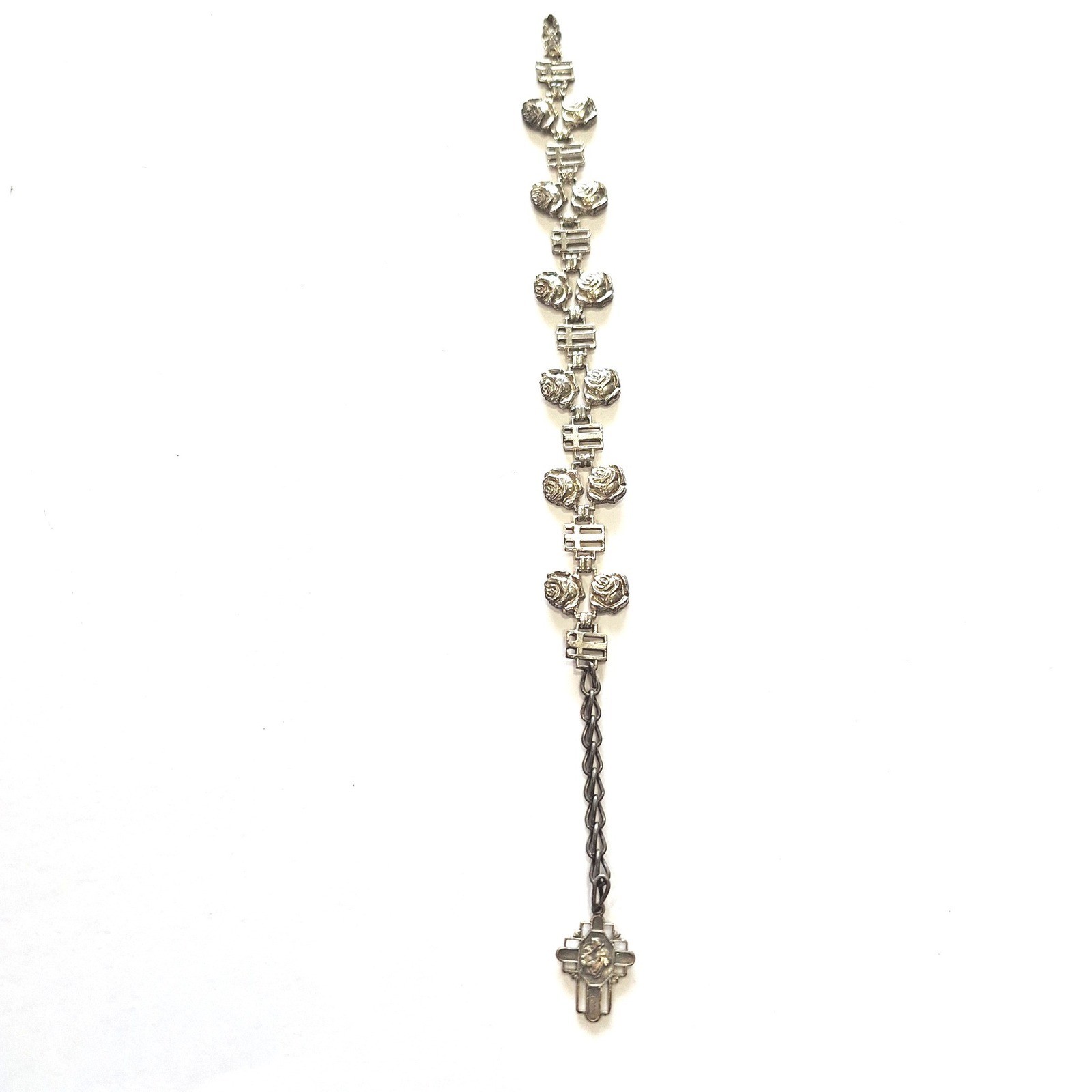 Vintage Silver Tone Rose Flower and Cross Link Rosary Bracelet with Crucifix