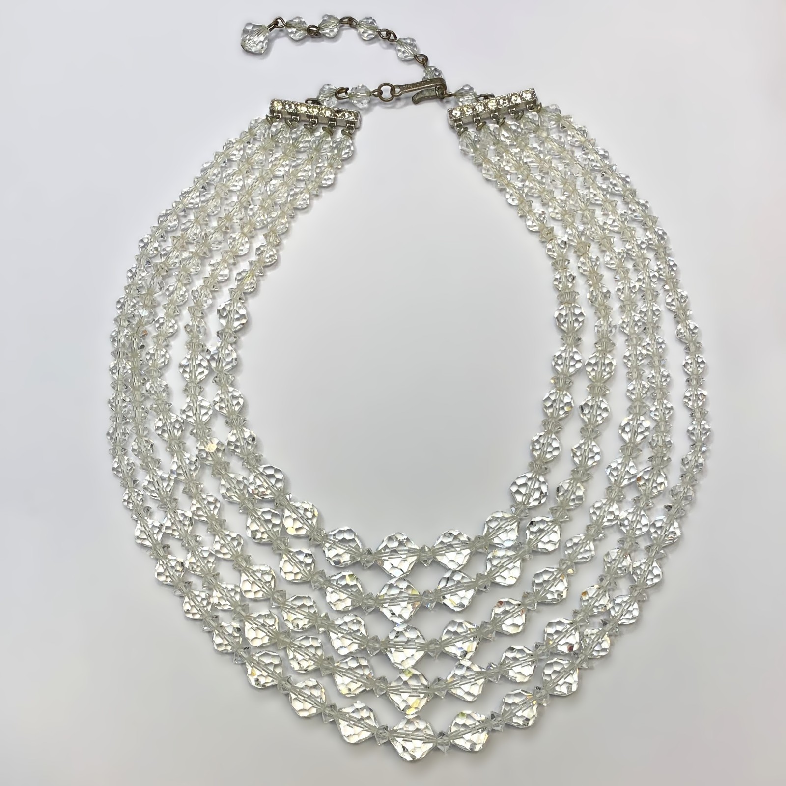 Vintage Laguna 5 Strand Graduated Clear Faceted Crystal Necklace 14.5” – 16.75”