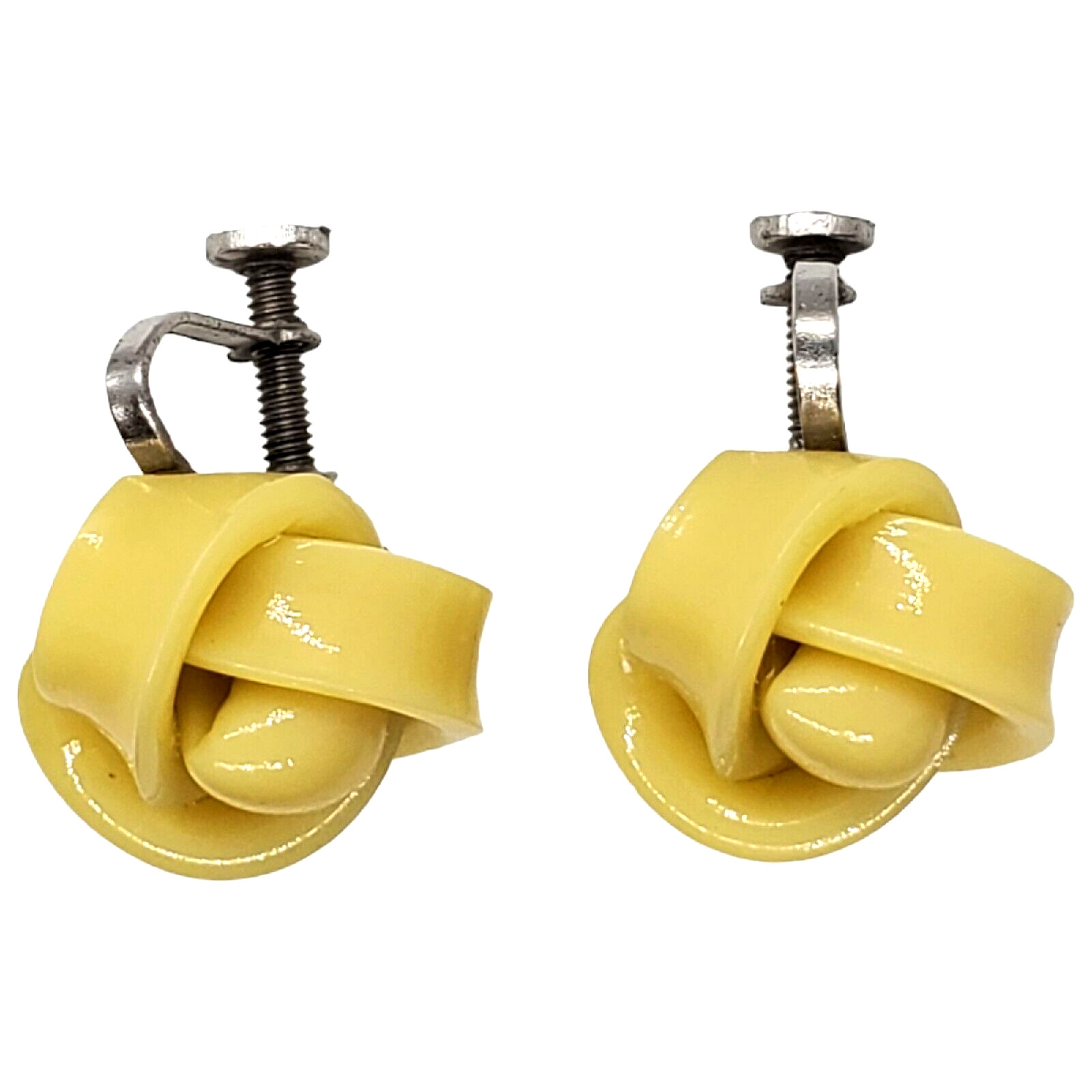 Vintage Celluloid Screw Back Earrings Yellow Rose Knot Silver Tone .5″