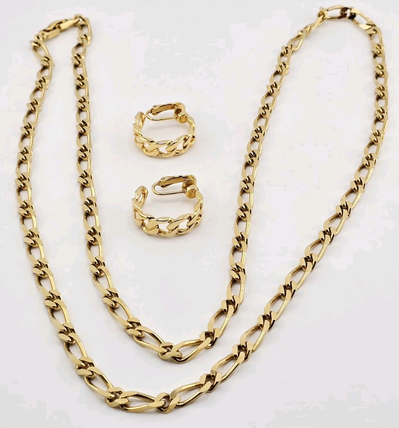 MONET 36″ LENGTH FIGARO CURB LINK NECKLACE☆ 1″ CLIP-ON EARRINGS☆GOLD-PLATED☆EC☆