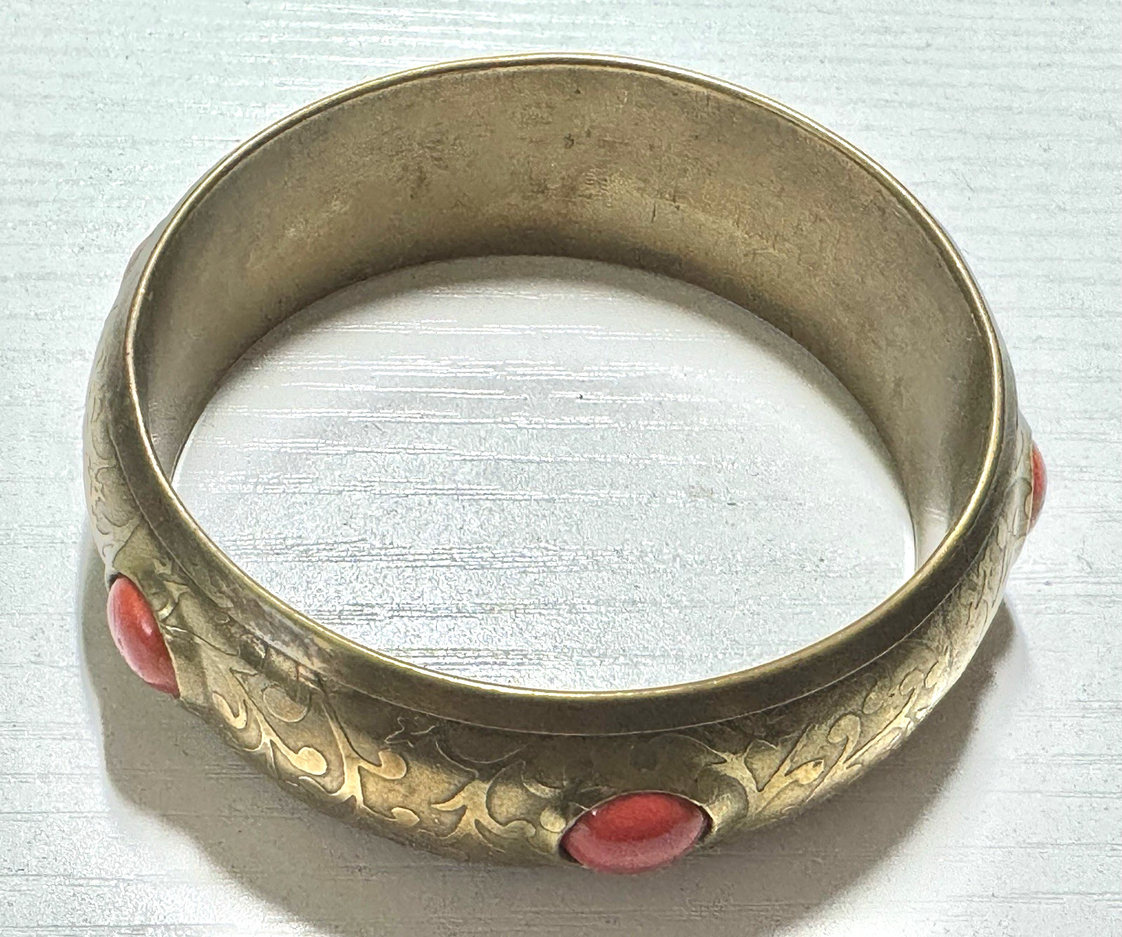 Vintage, Engraved Floral Patterns, Inlaid Red Cabochon Stones, Boho Brass Bangl