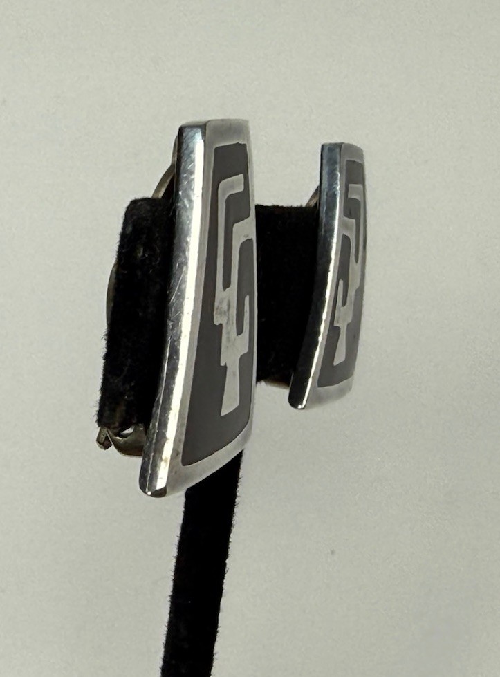 VTG Sterling 925 Black Enamel Mexico Taxco Clip On Earrings Geometric Modernist