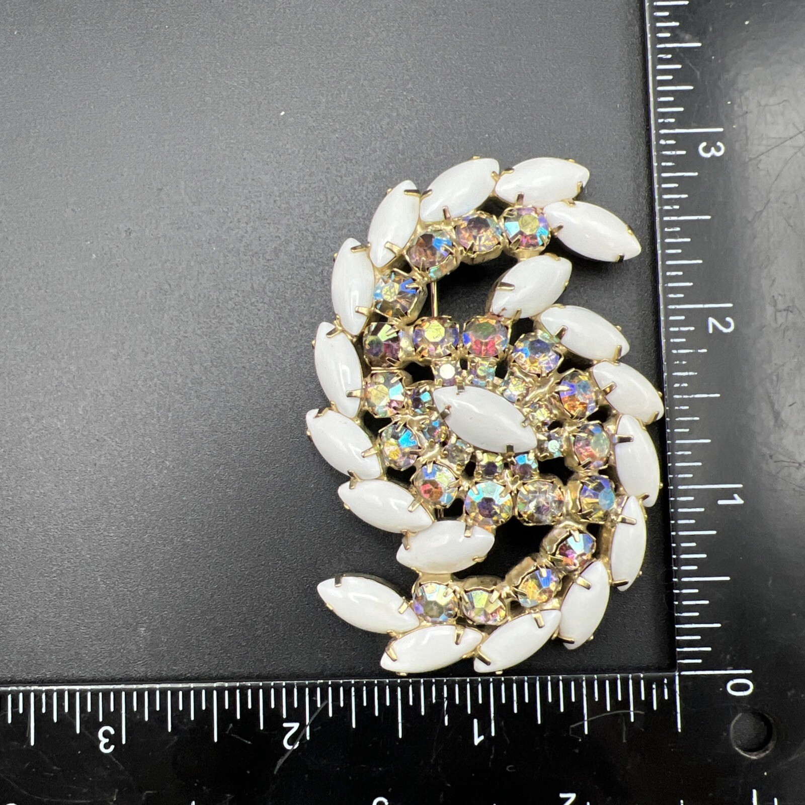 Vintage Aurora Borealis Rhinestone Milk Glass Large Swirl 3″ Brooch Pin
