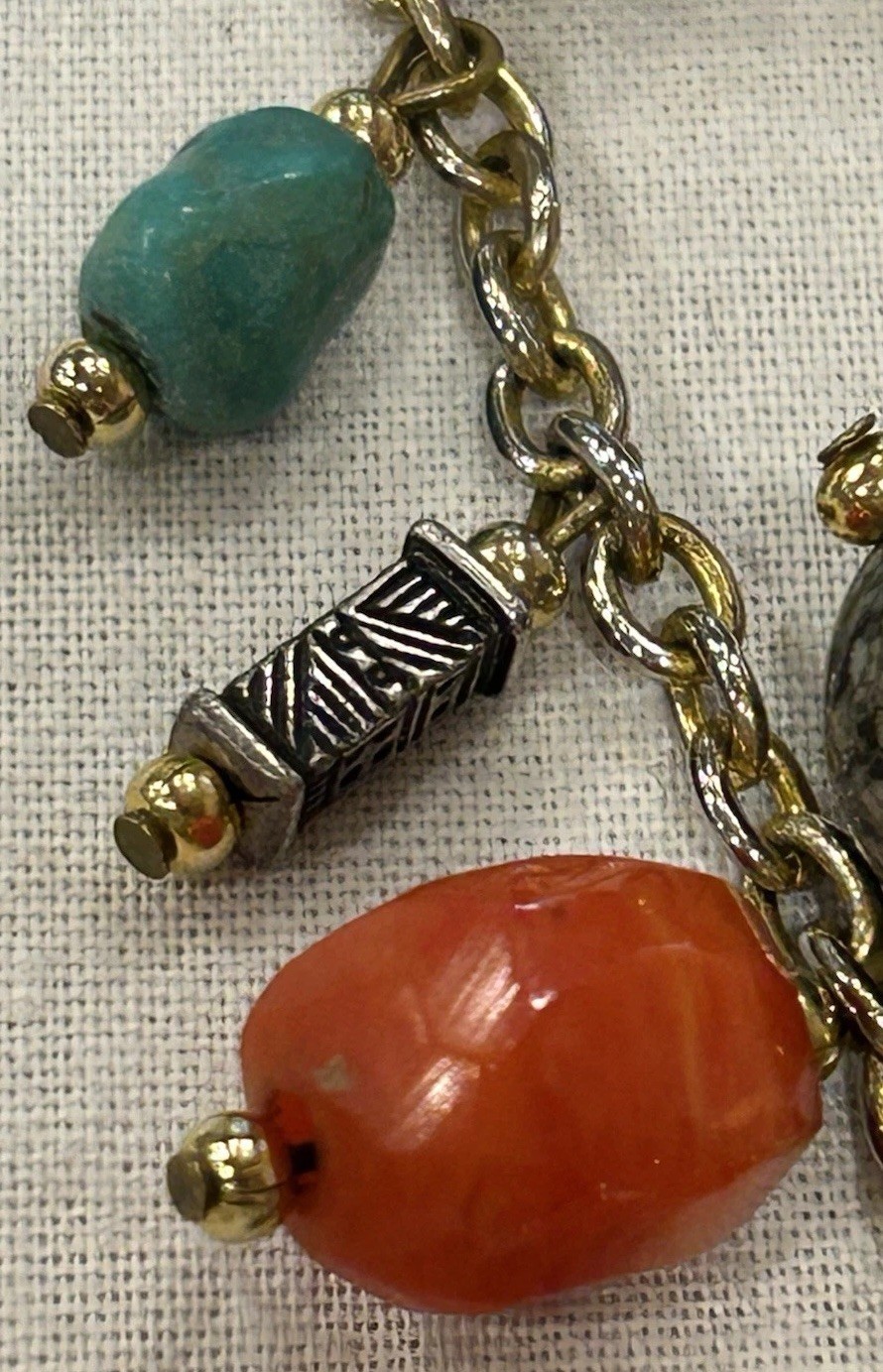 Vtg Asian-Themed Mixed Material 3-Strand Charm Necklace w/Carved Wood Buddha 28”