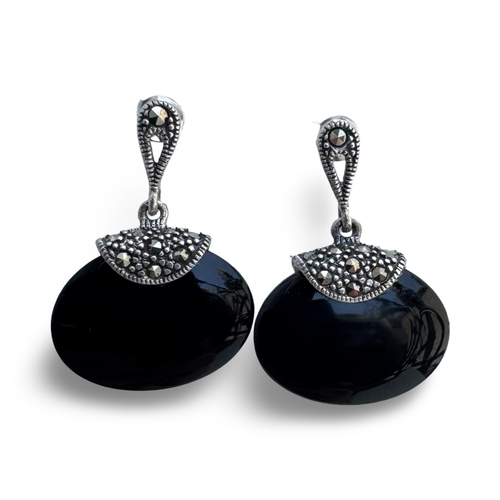 Vintage 925 Sterling Silver Black Onyx Marcasite Dangle Earrings Signed R