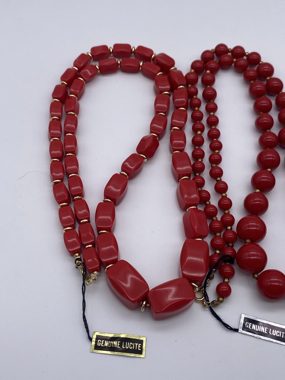 3 Vintage Genuine Lucite Red And Gold Tone Necklaces Made In Hong Kong