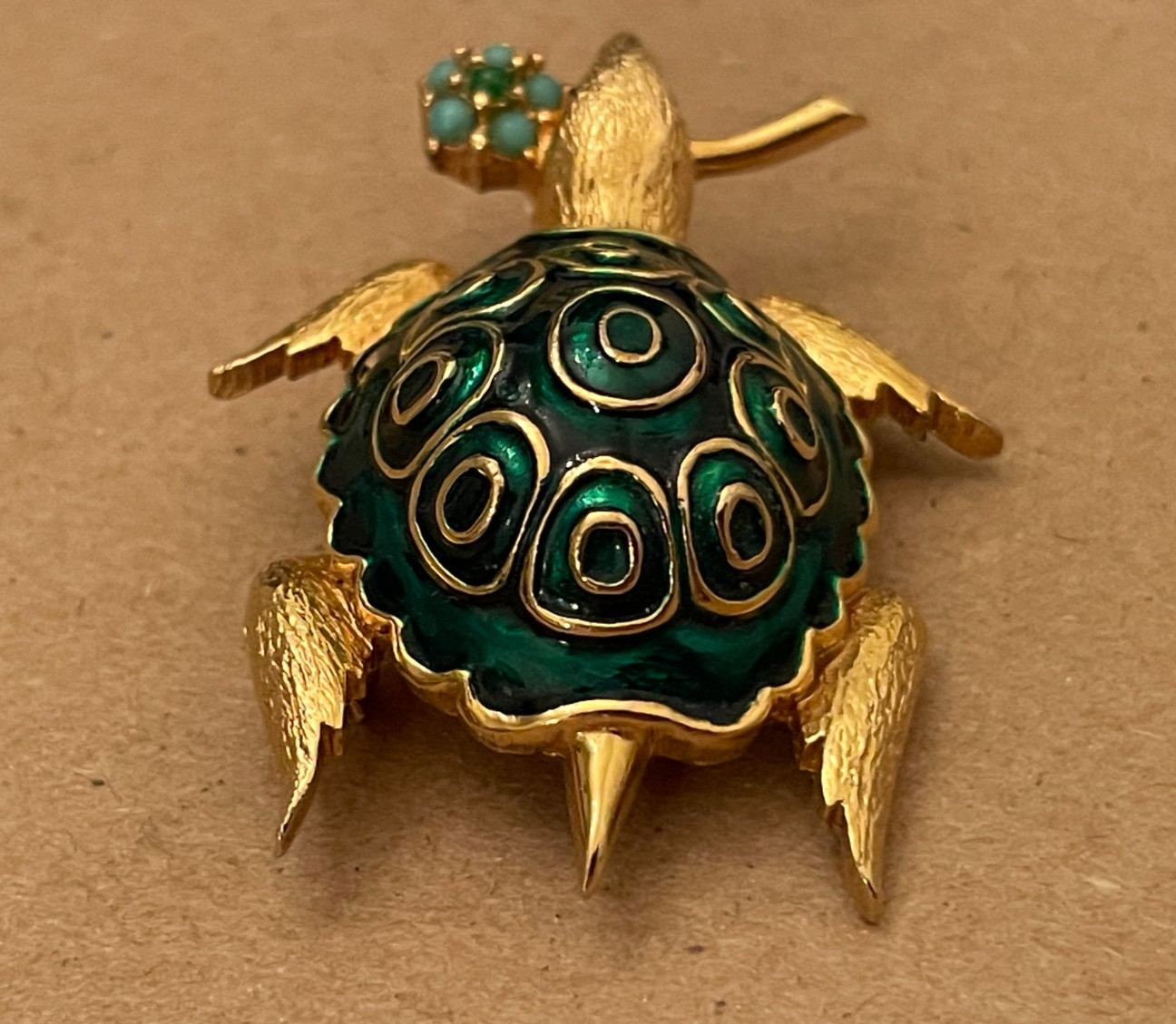 Vintage Jomaz Green Enamel Figural Turtle Brooch, Excellent Condition, signed