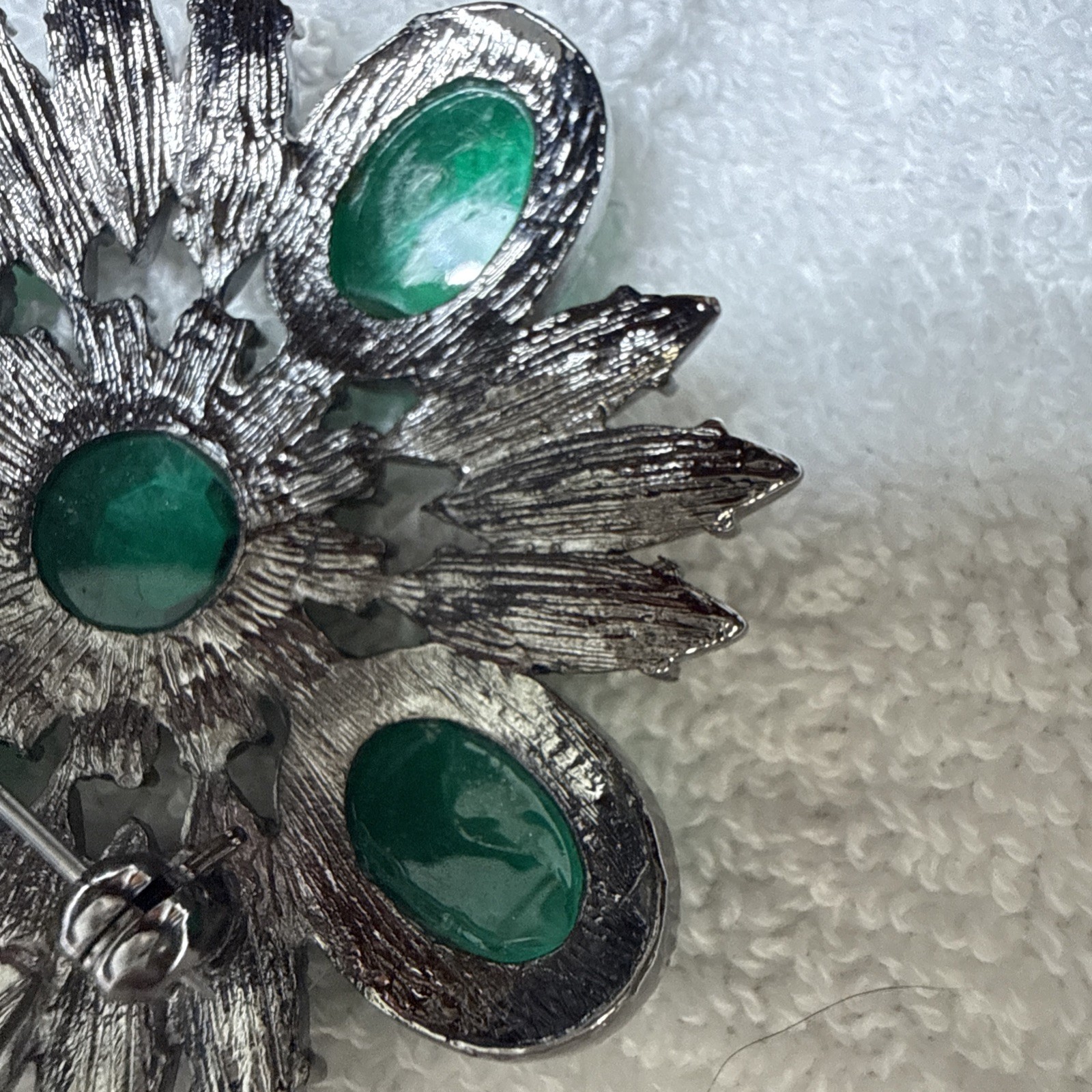 Vintage Emerald And Lime Green Floral Art Brooch With Silver Tone Back