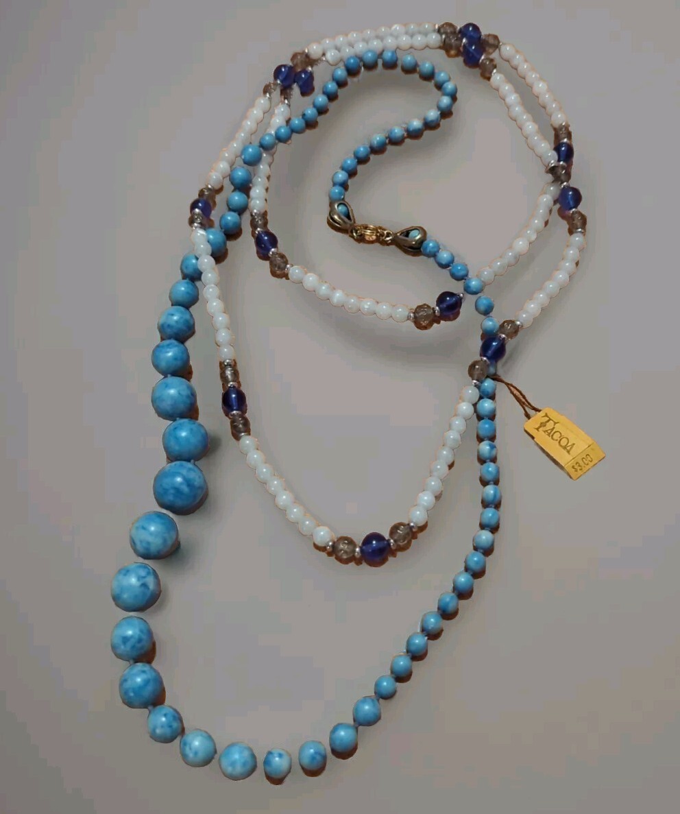 2 Vintage Beaded Necklaces Tacoa NWT Graduated Blue & Monet Plastic White & Blue