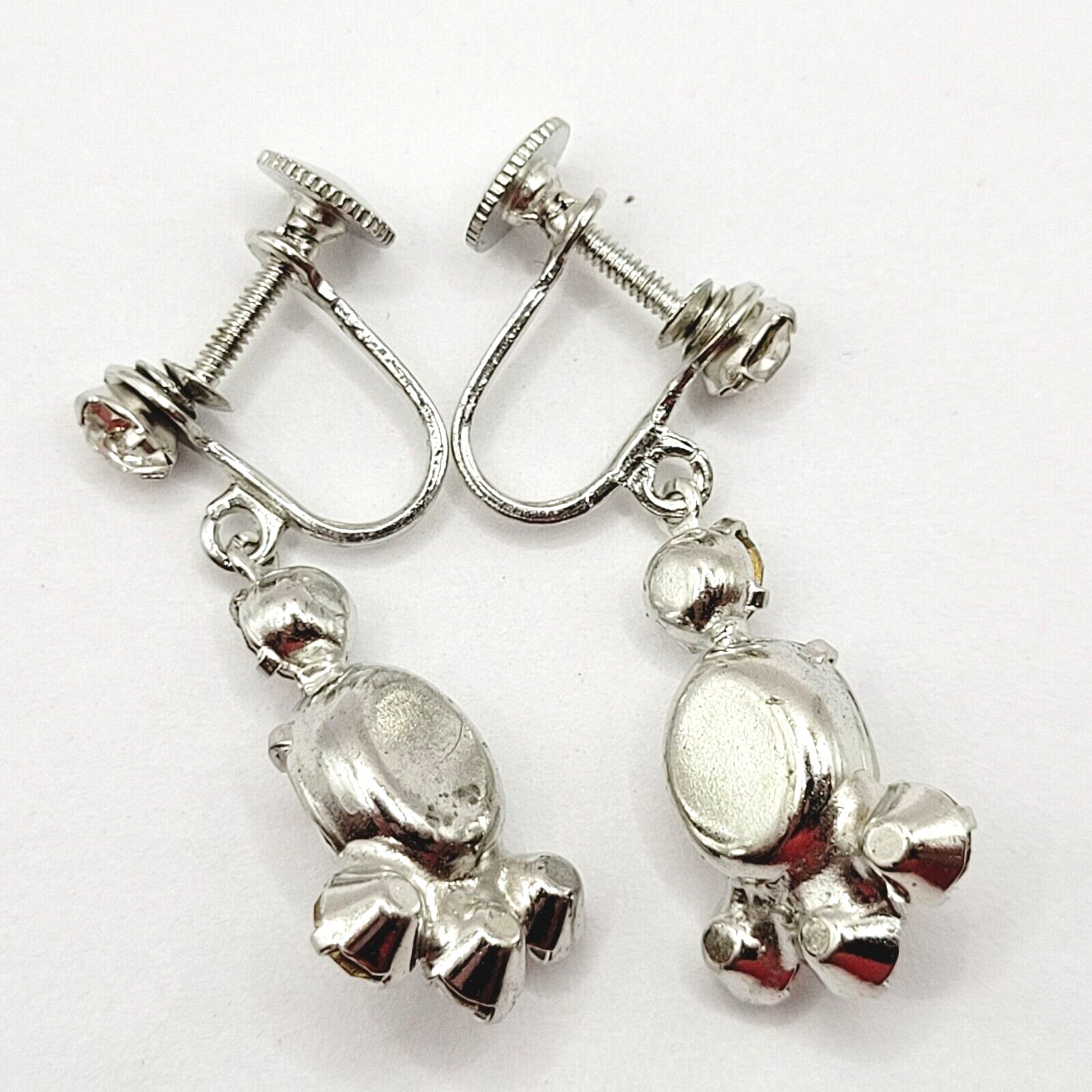 Crystal Rhinestone Cluster Silver Tone Drop Dangle Screw Back Vintage Earrings